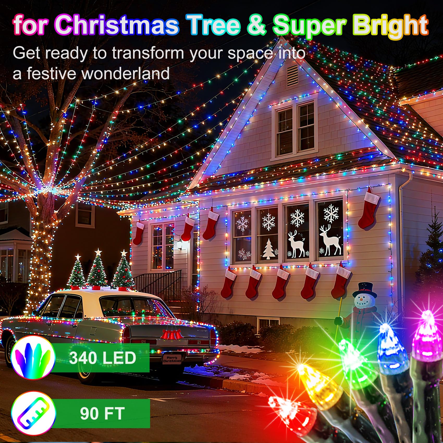 340 Led 90Ft Christmas String Lights Outdoor  12 Pro Modes And Timer Memory & Brightness  Plug In Waterproof Dark Green Wire Twinkle Light For For Xmas Yard Tree Wedding Party Decor (Multicolor)