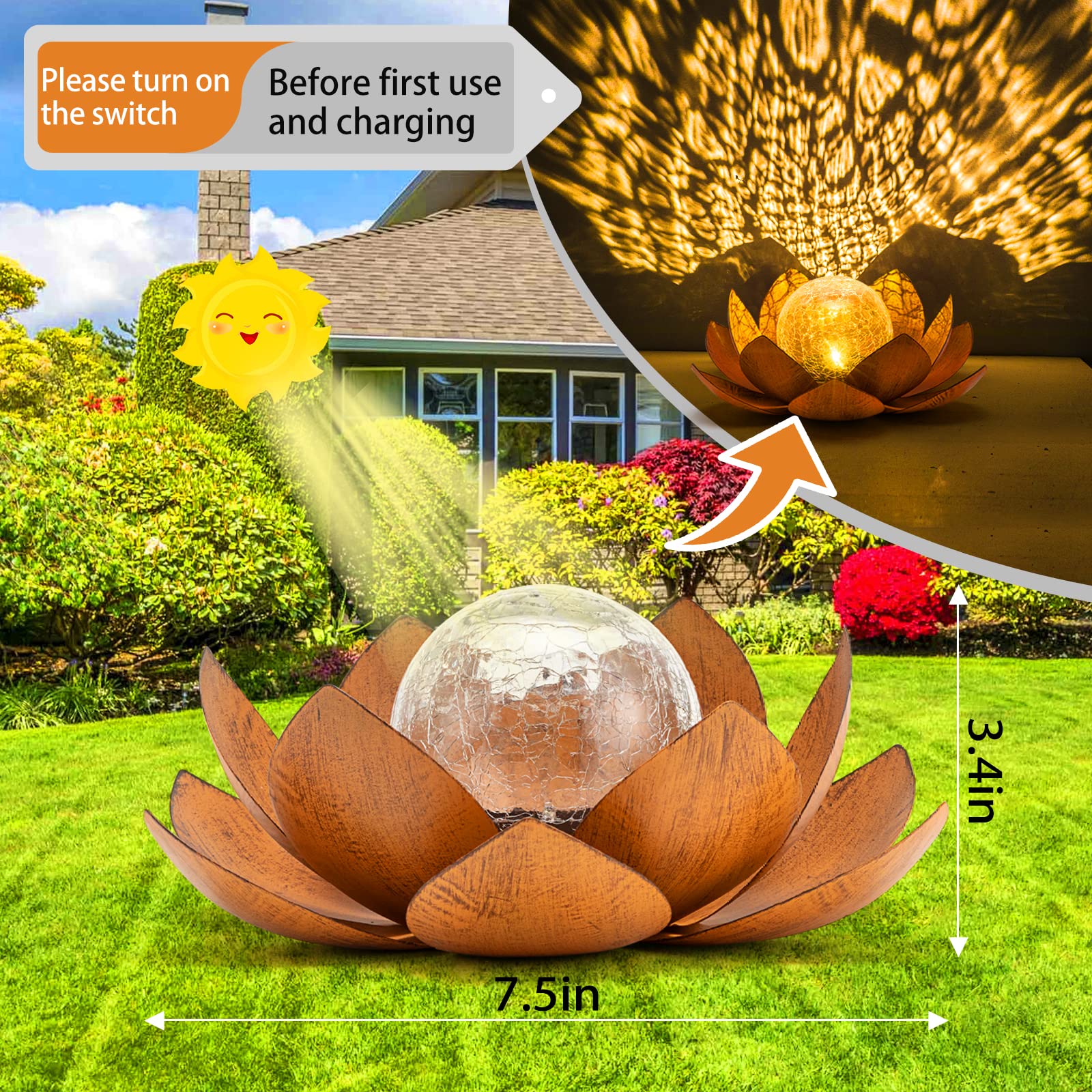 Aiiny Solar Light Outdoor(2Pack), Art Crackle Globe Glass Lotus Decoration, Solar Led Waterproof Metal Flower Lights For Patio,L