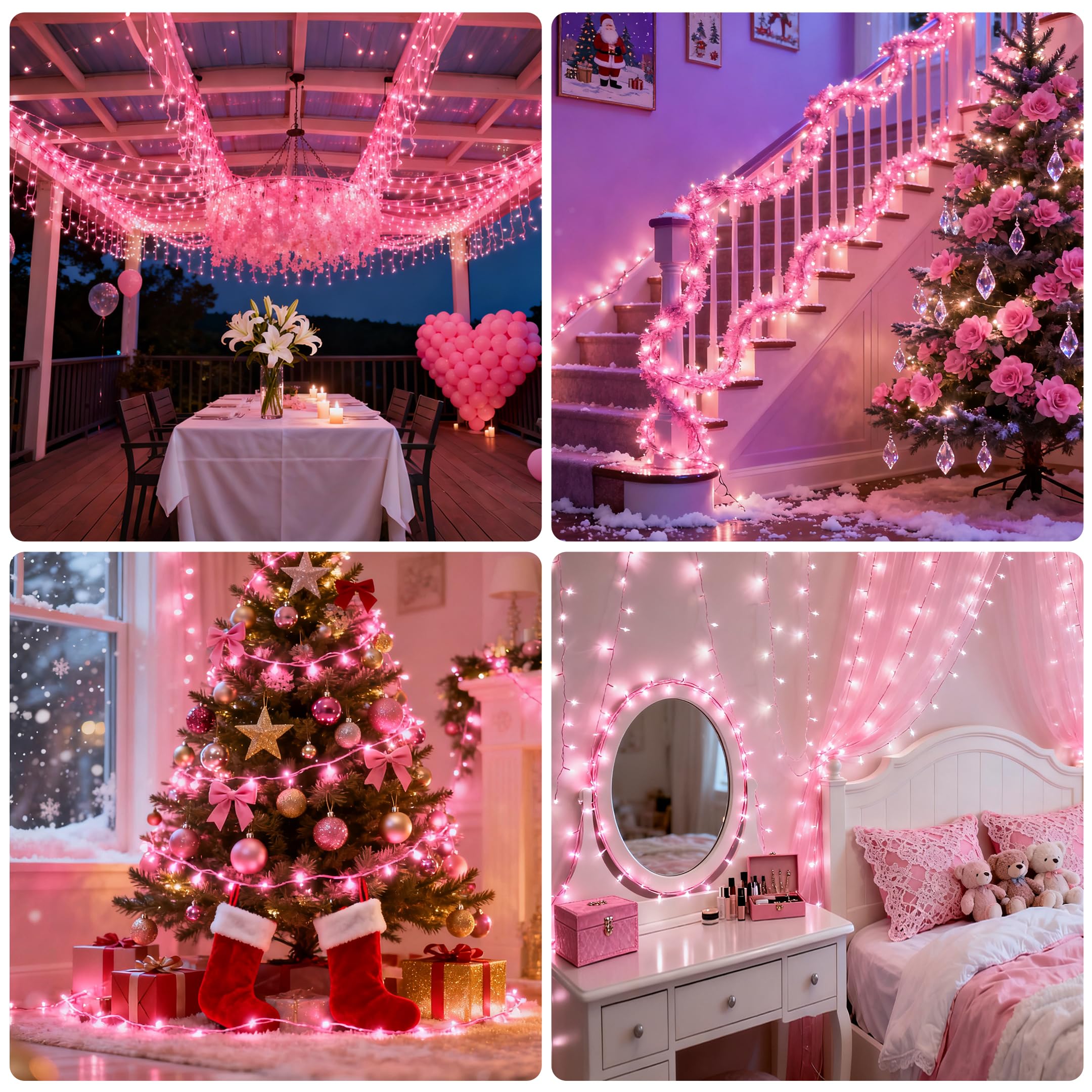 Vtechology 66Ft 200Led Pink Christmas Tree Lights Plug In 8 Modes Connectable Pink String Light Indoor Outdoor For Christmas Tree Bedroom Garden Decor (Clear Wire)