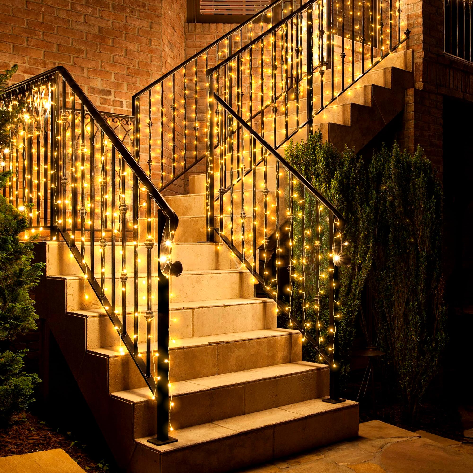 Eueasy Curtain Lights Outdoor, 300 LED Stair Lights with 8 Lighting Modes. 15  3 FT Fairy Lights, Curtain Lights for Balconies, 