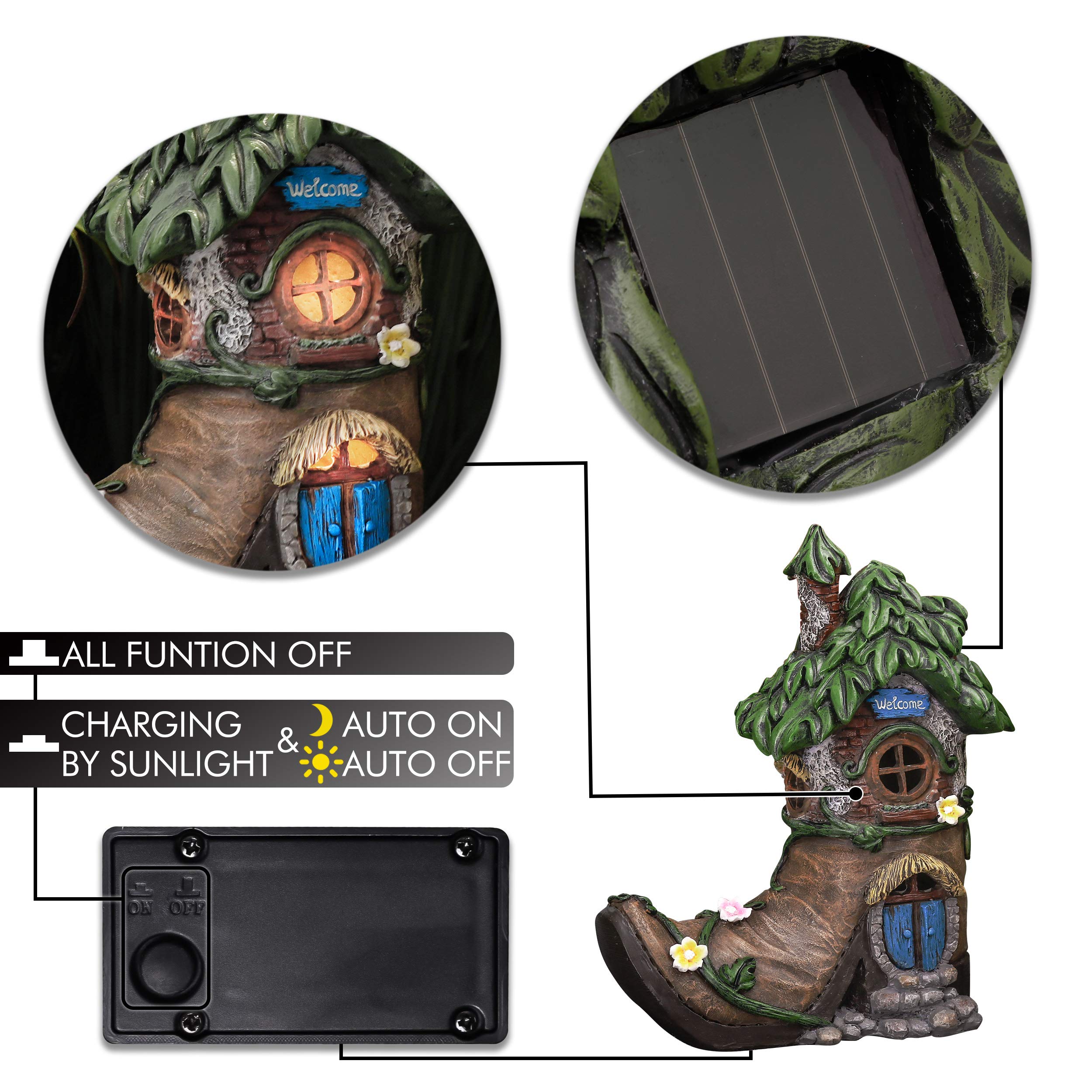 TERESAS COLLECTIONS Boot Fairy House Garden Statue with Solar Light, 6in Multicolor Resin Outdoor Decor