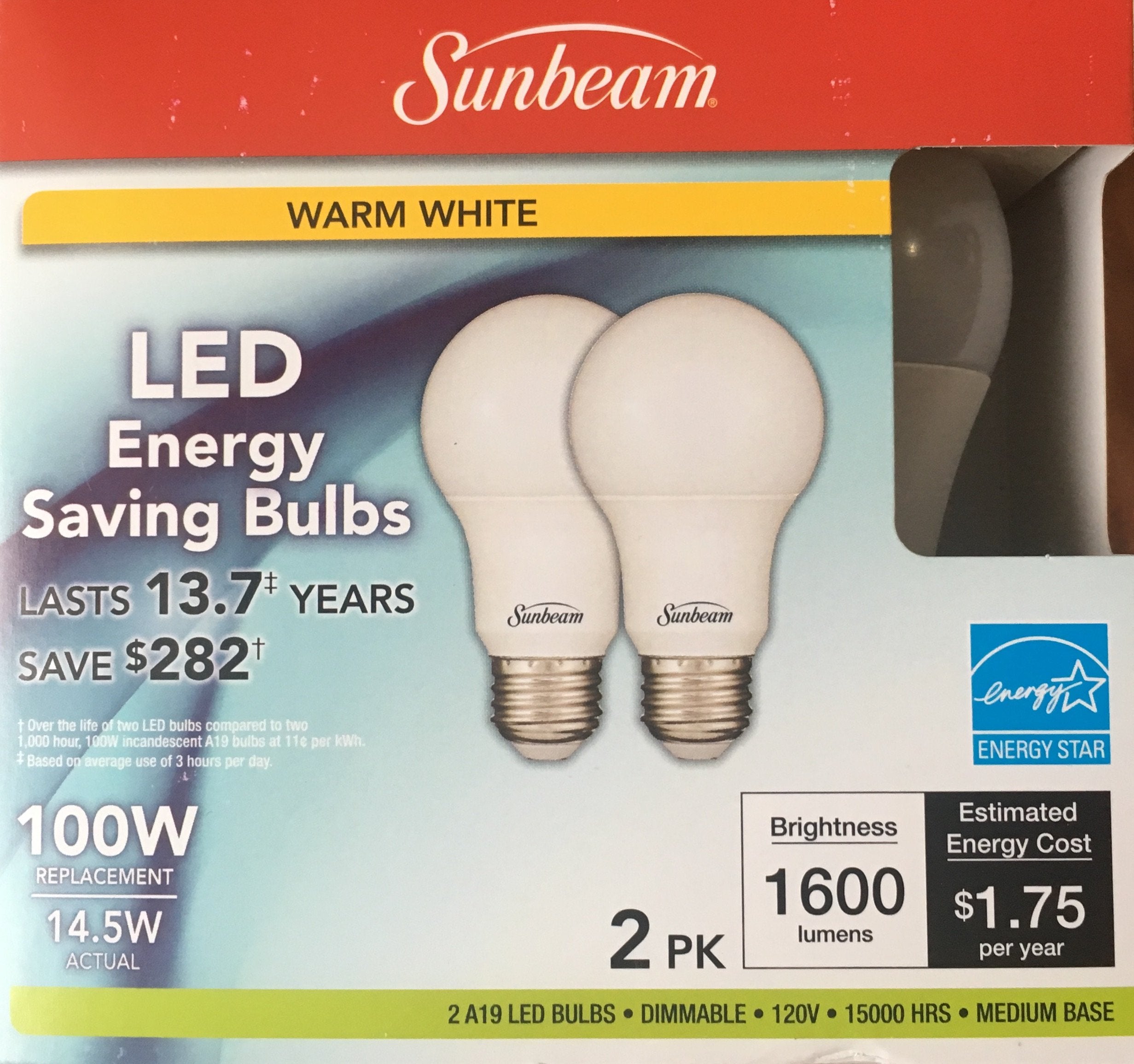Sunbeam LED Dimmable A19/A21 Light Bulbs, 100W Equivalent, 1600 Lumens, Warm White, 2 Pack, ENERGY STAR, Model 30414825