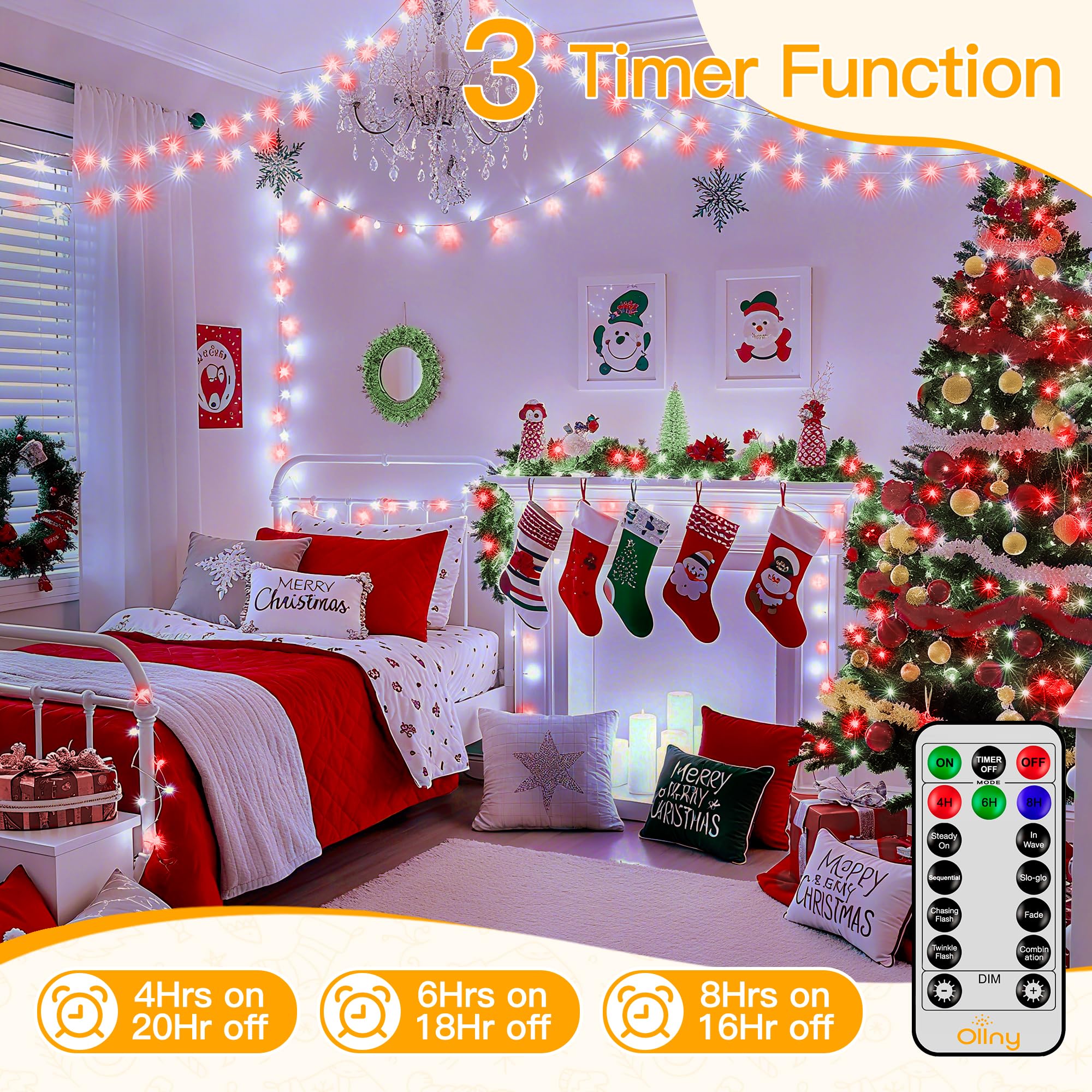 Ollny Red And White Christmas Lights Waterproof  400Led 131Ft String Lights With Remote 3 Timer  Plug In 8 Modes Fairy Light For Xmas Tree Indoor Bedroom House Party Wedding Decorations
