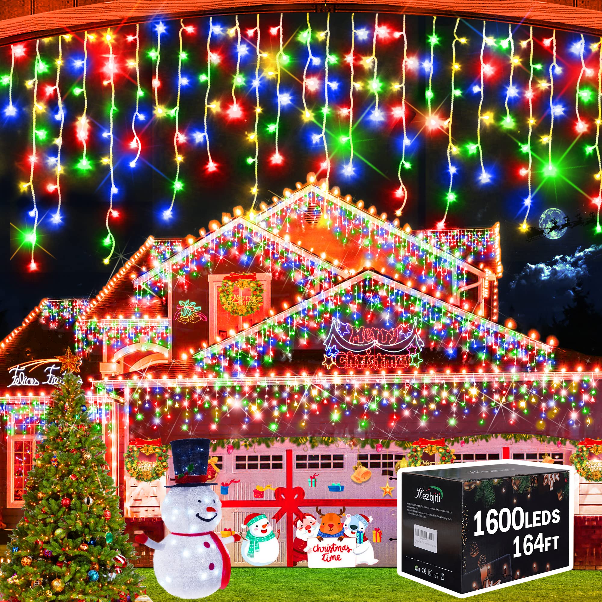 Hezbjiti Christmas Lights Decorations Outdoor, 1600 LED 164FT 8 Modes Rain Drops Fairy String Curtain Lights for Christmas Decor Eaves Window Party Yard Garden Indoor (Multicolor, 1600LED 164FT)
