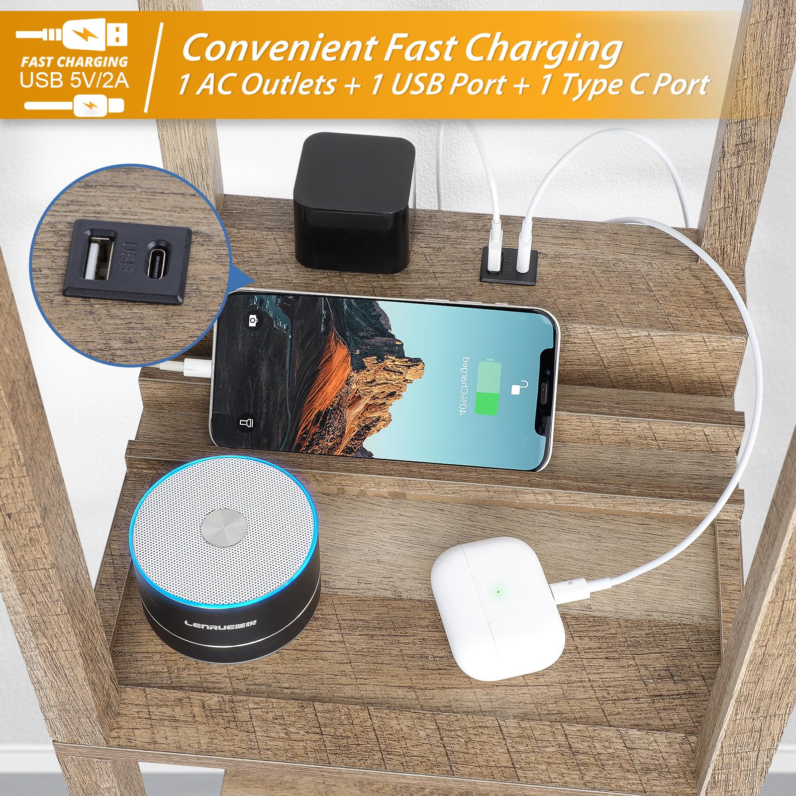 Shine Hai Shelf Lamp, Modern Standing Light With 1 Usb Port And 1 Type C Port And 1 Power Outlet, 3-Tiered Display Floor Lamps W