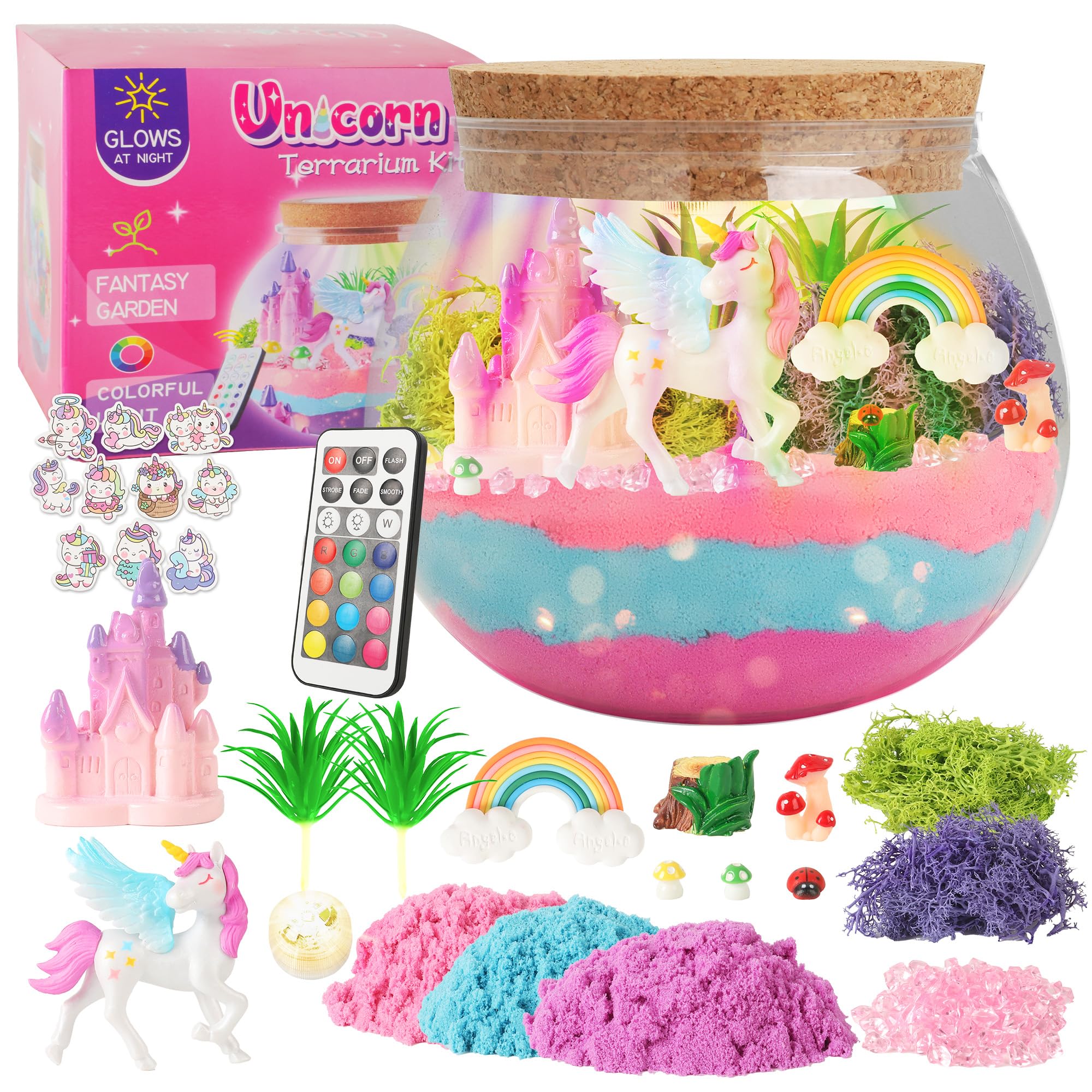 Unicorn Light-Up Terrarium Kit Toys For Kids - Not Fragile - Led Birthday Gift For Girls Ages 4 5 6 7 8-12 Year Old - Unicorn Toys For Girls - Diy Arts And Craft Kits With Stickers (Round)