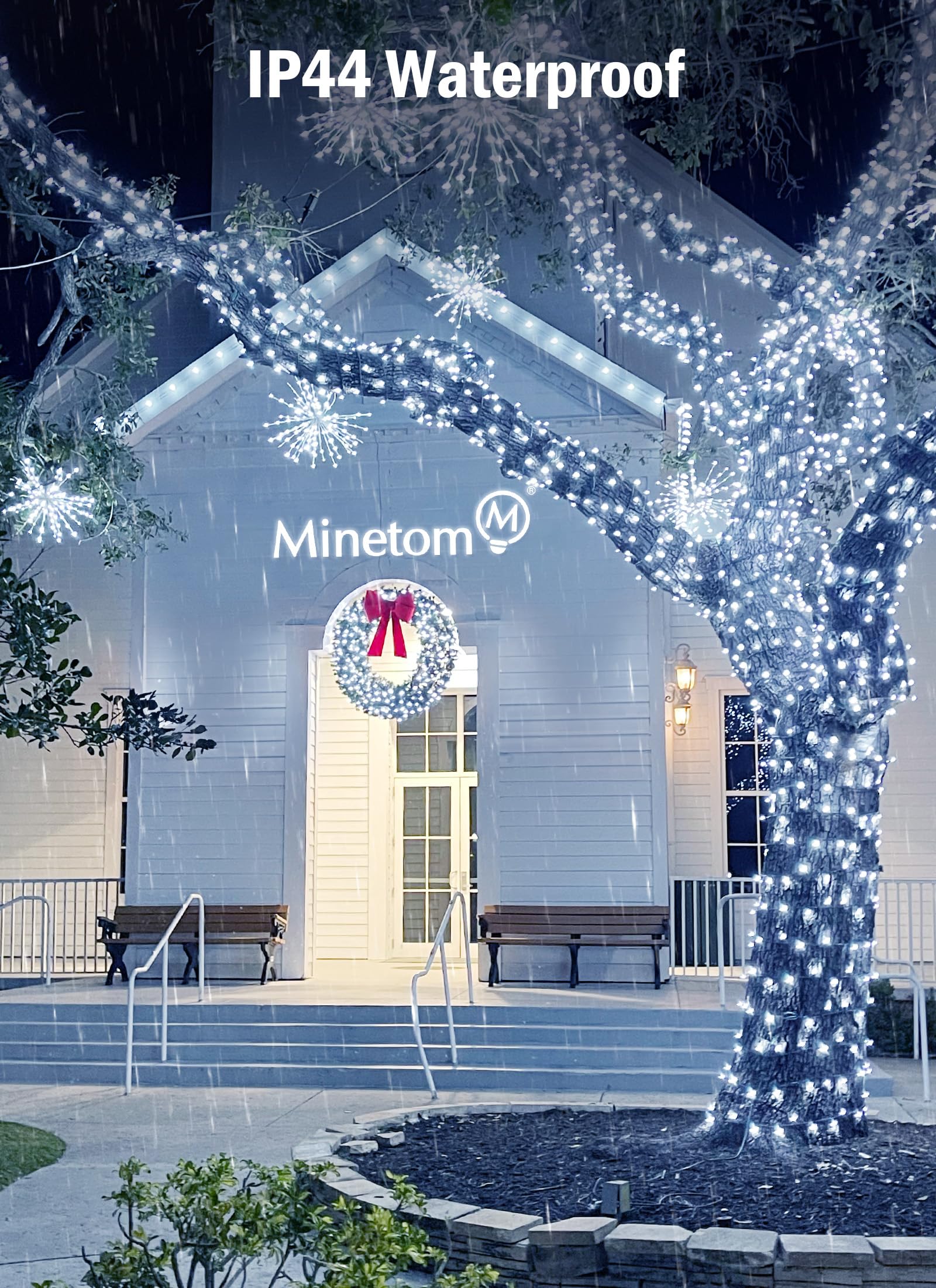 Minetom Battery Operated String Lights, 50 LED, 17 FT, Waterproof, 8 Modes, Pure White, Model 3AA-LUO