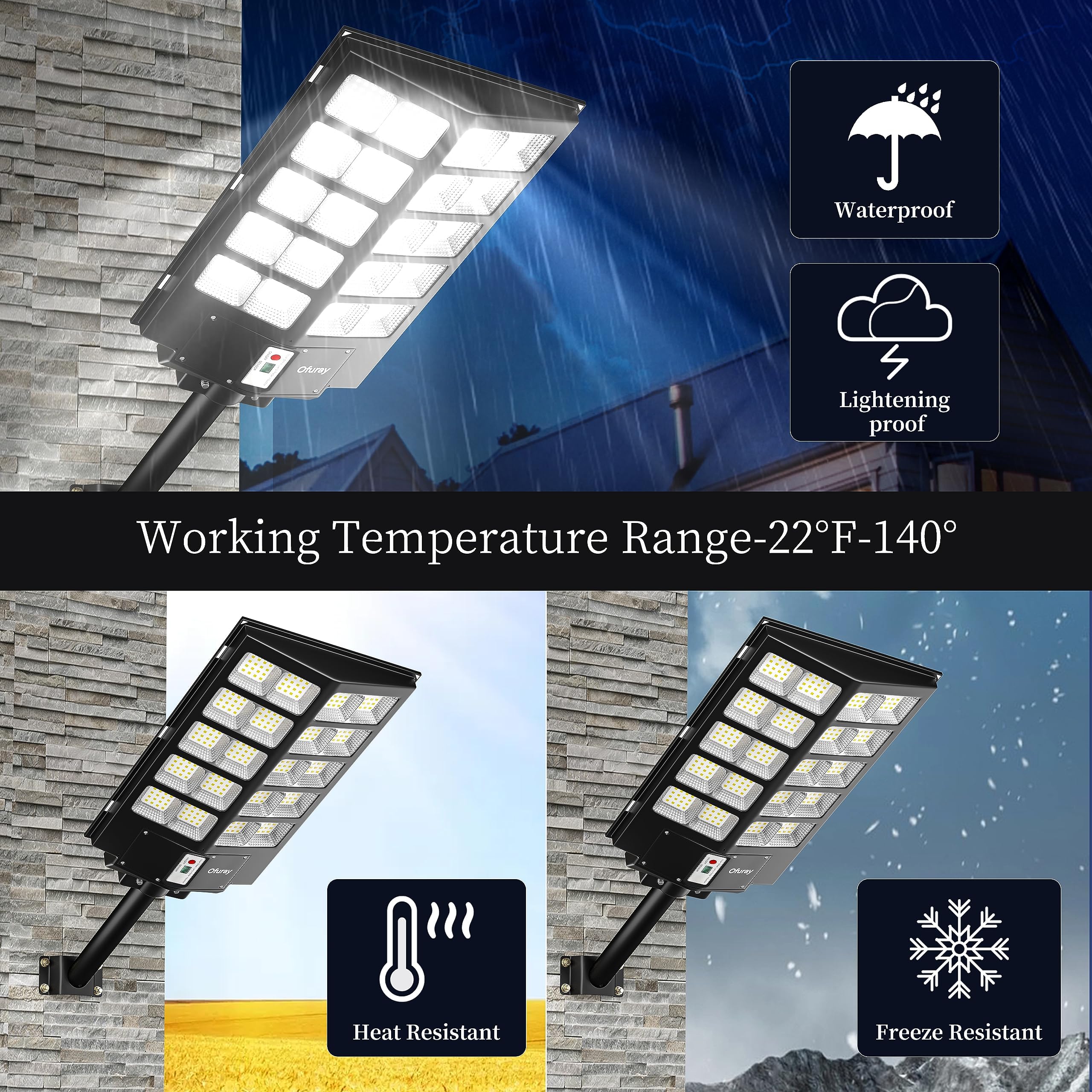 Ofuray Of-5200W Solar Street Lights, 520000LM LED Flood Light, IP67, Dusk to Dawn, Black, Remote Control for Outdoor Use