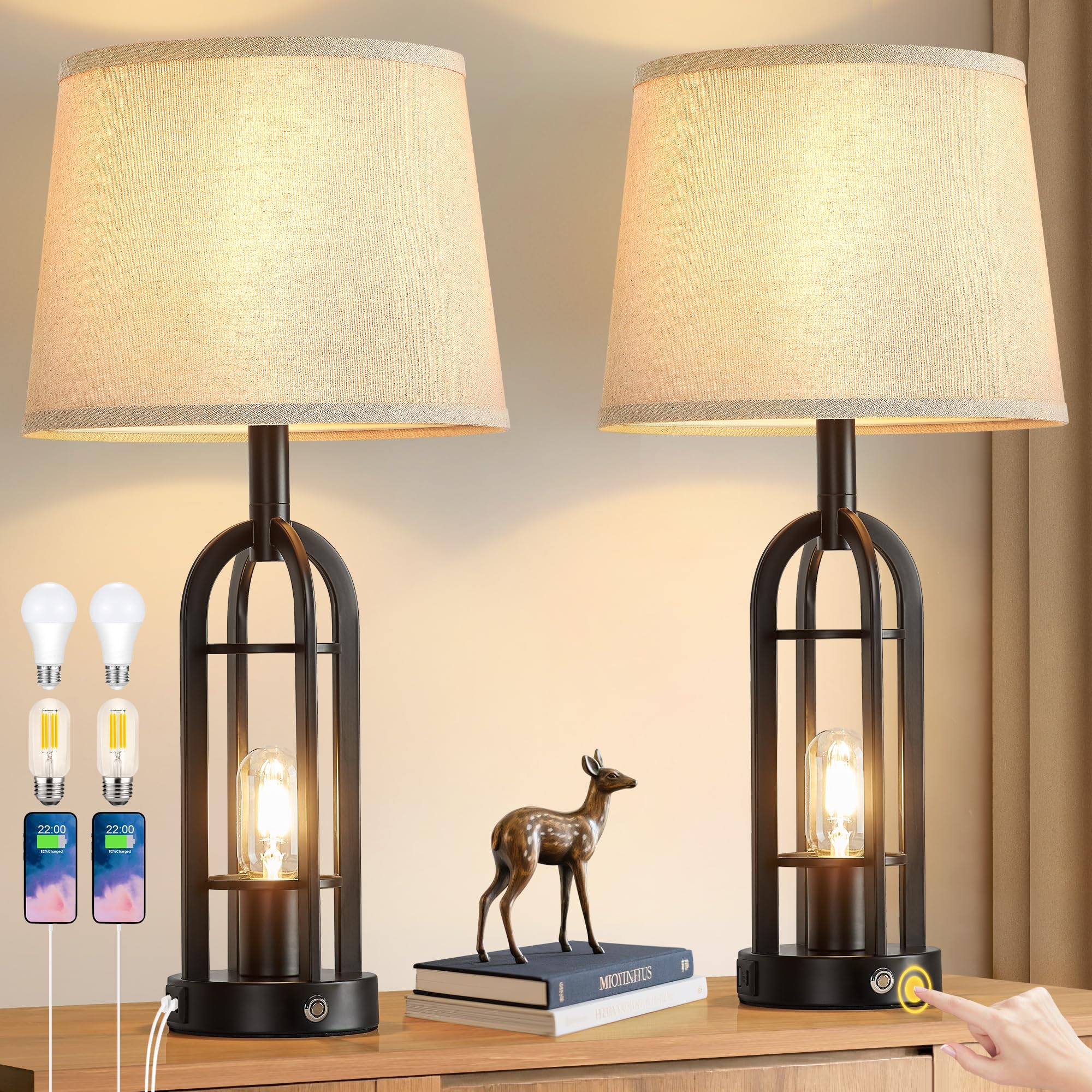 SRJJA 24 Table Lamps for Living Room Set of 2  Farmhouse Industrial 3-Way Dimmable Touch Bedside Lamps with USB A+C for Bedroom Nightstand 4 Bulbs Included