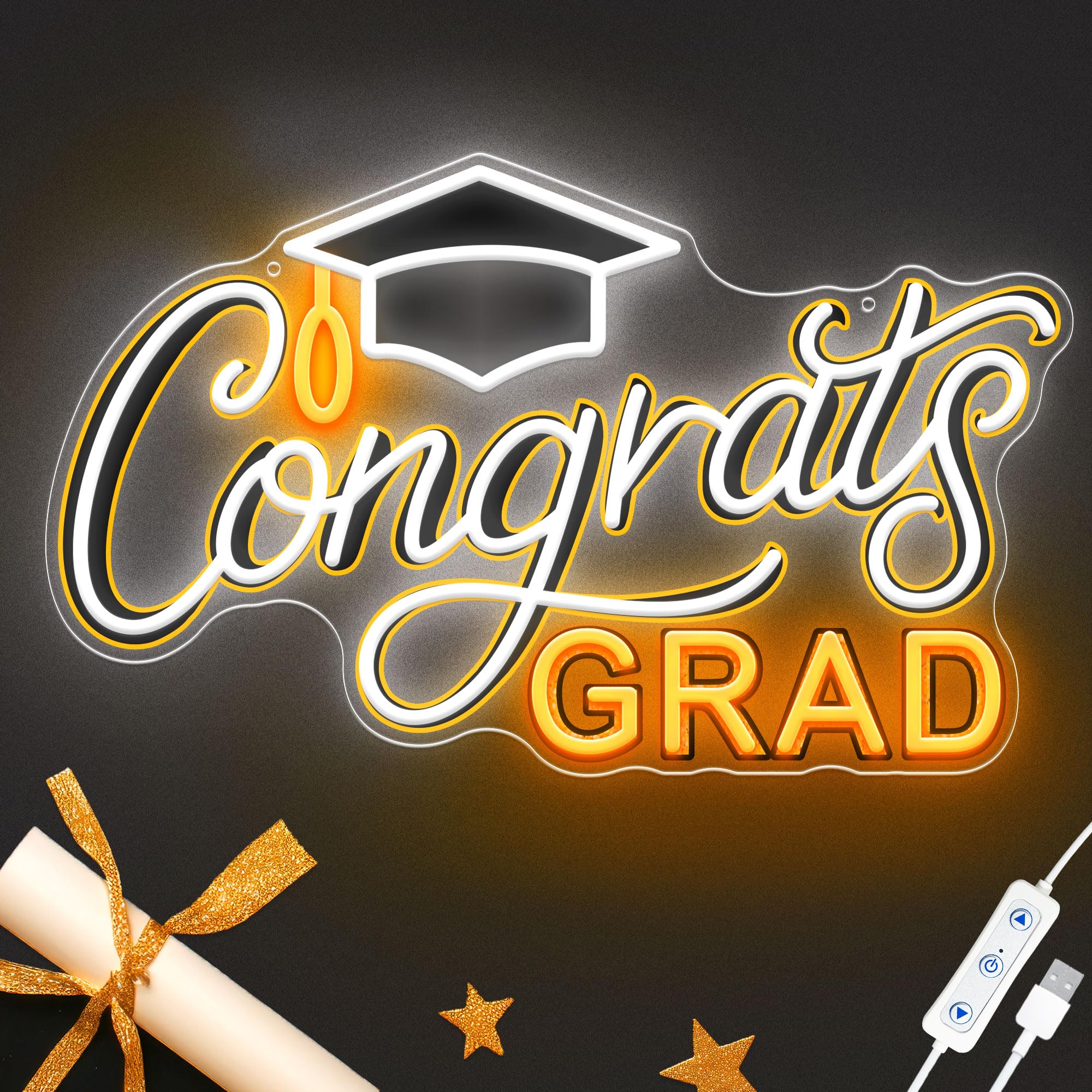 SELICOR Neon Graduation Sign with Cap - LED Light Up Decor, 15in x 8in, White Yellow, Class of 2025, Perfect for Prom Party and Photos
