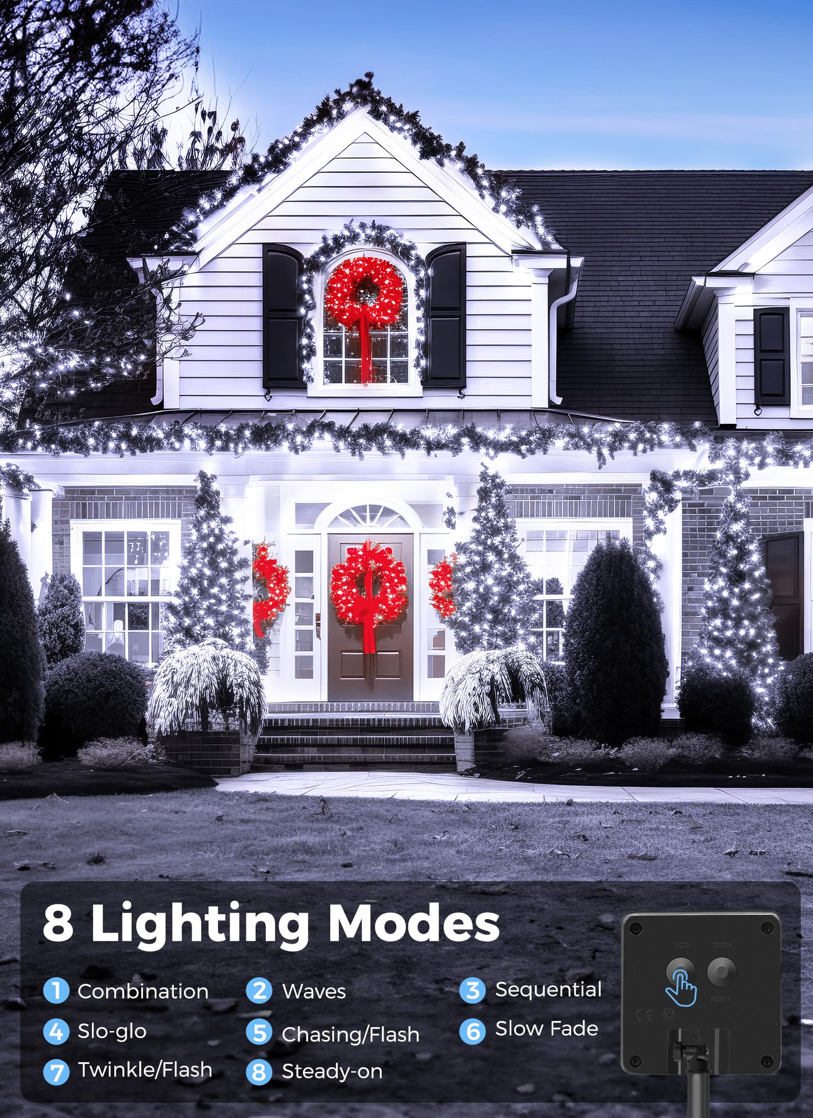 Minetom Solar String Lights, 160FT 400 LED, 8 Modes, Waterproof, Outdoor Christmas Lights, White, 4 Pack