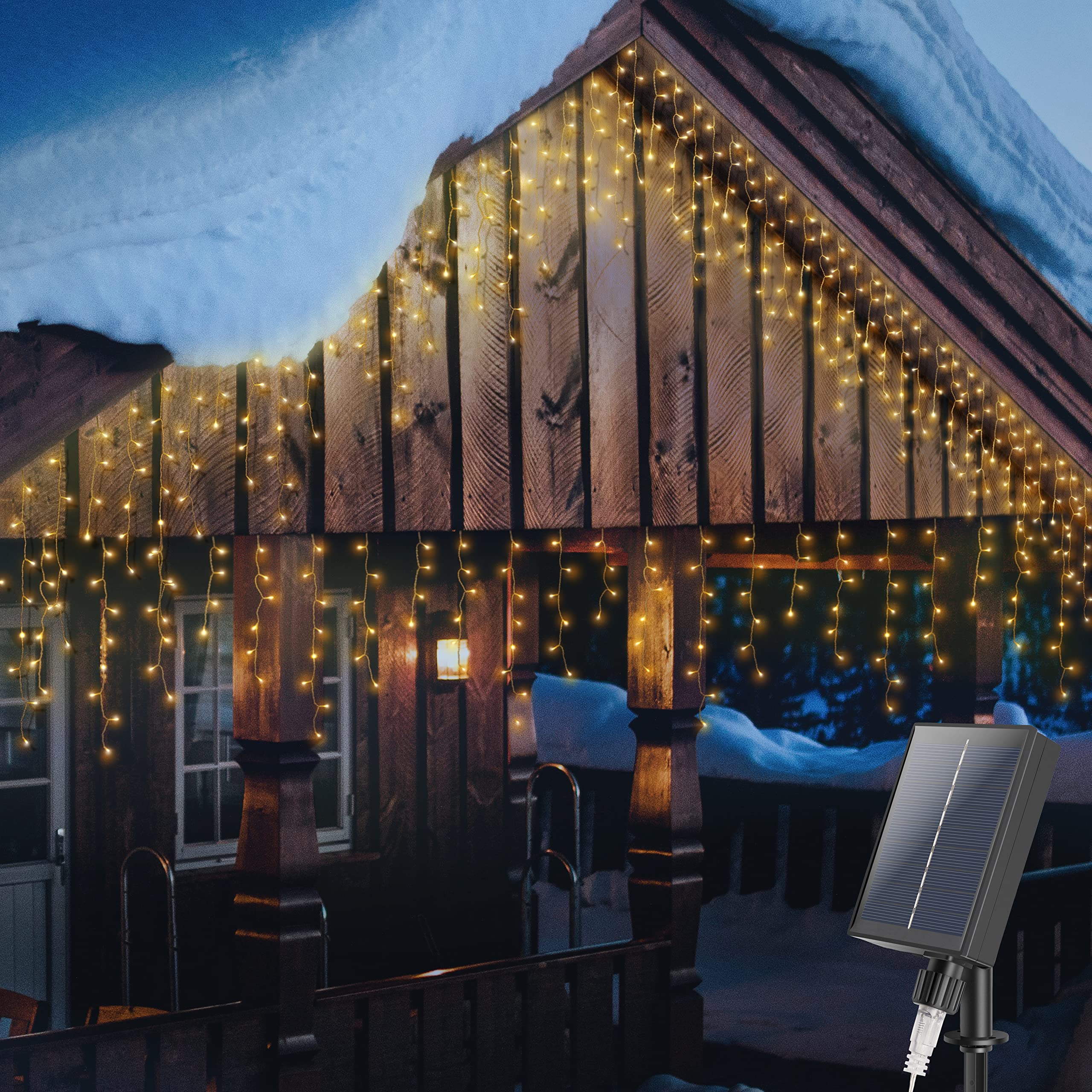 mimigogo 300 LED Solar Icicle Lights, 33ft, 8 Modes, Warm White, Outdoor String Lights for Christmas Holiday Wedding Party Decorations