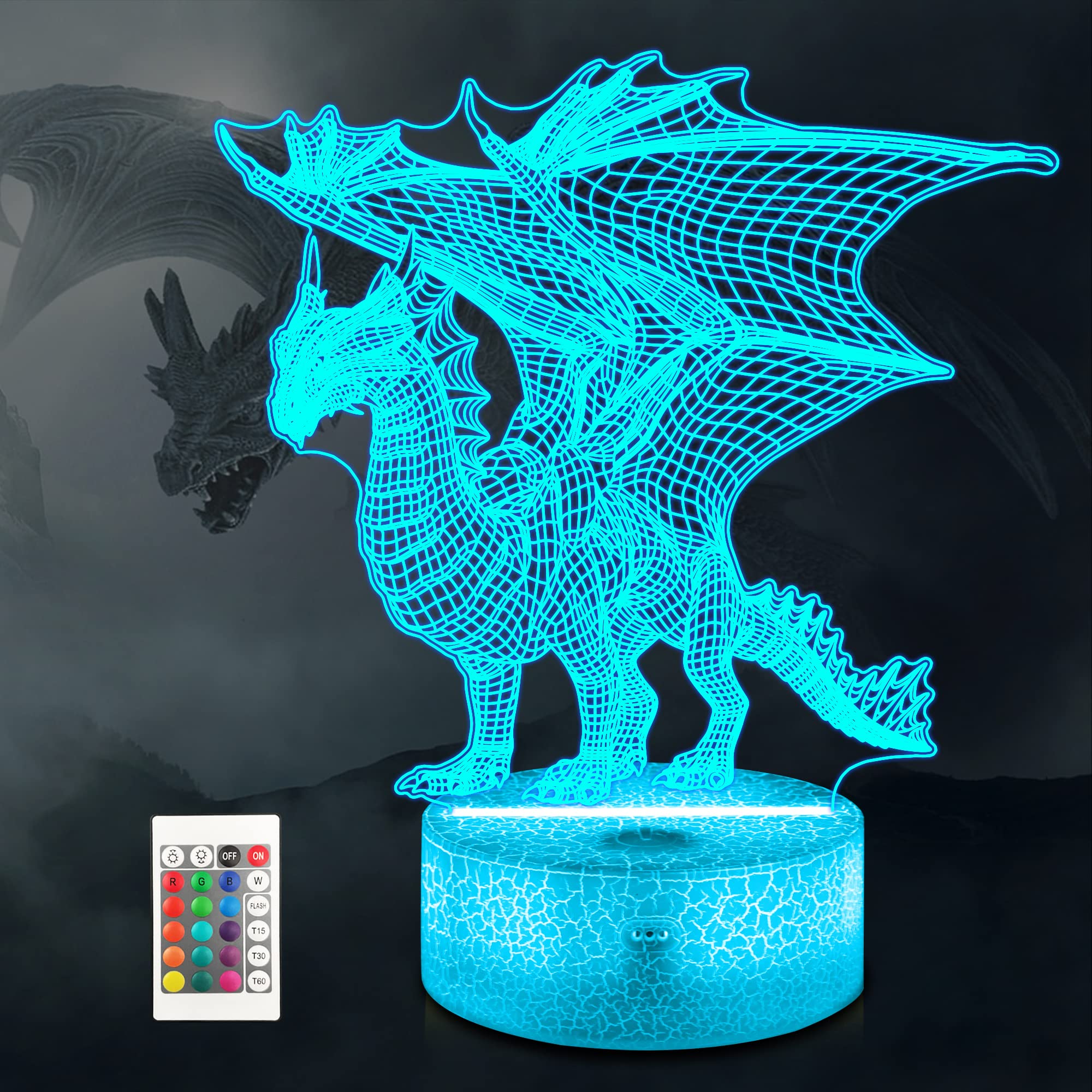  nite 3D Dragon Night Light Lamp, Remote Control, 16 Colors, Kids Room Decor, Model FS-2810-9999, Multicolor