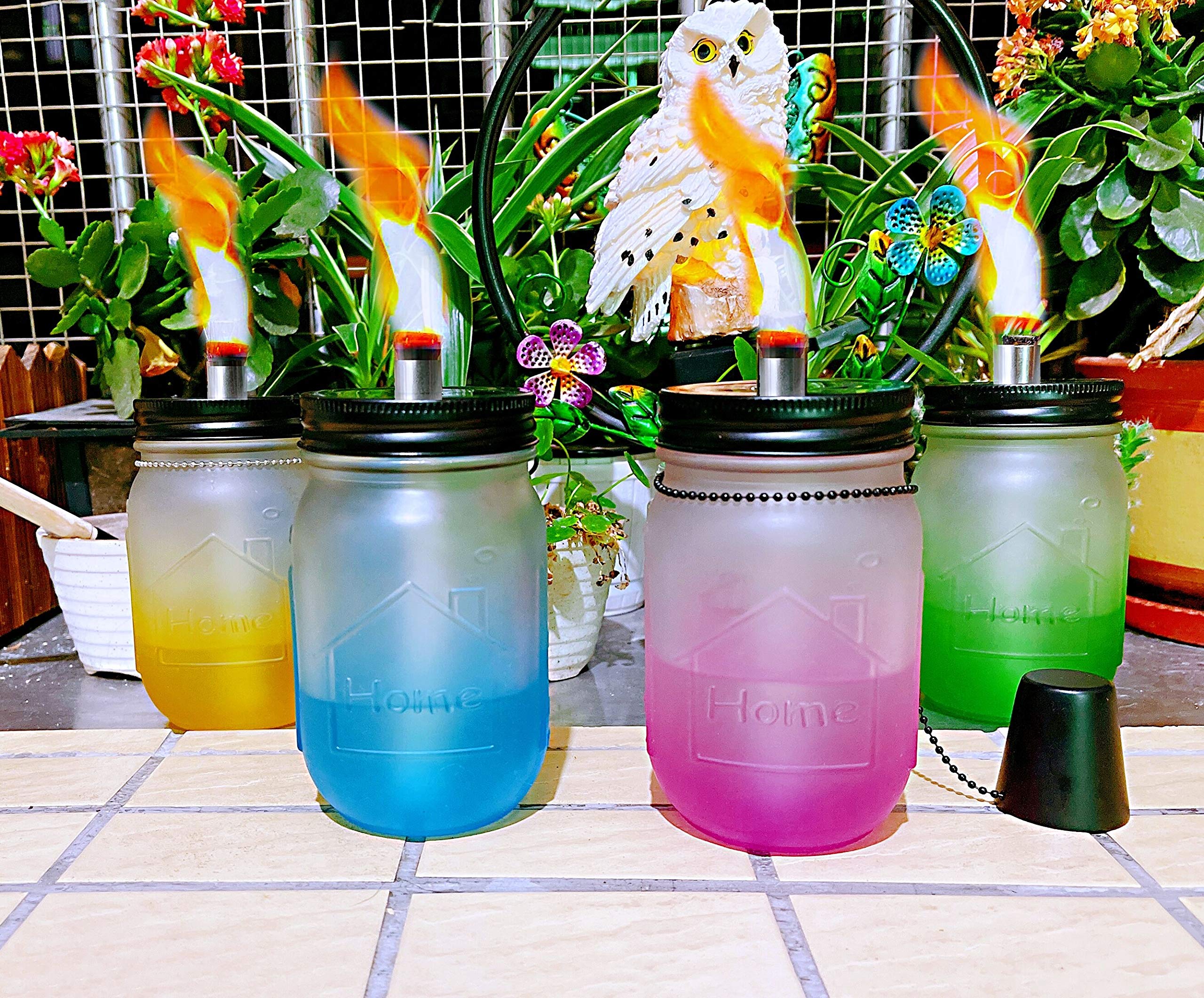 Mason Jar Tabletop Torches Kits,6 Pack Regular Mouth Lids with Protective Tube,Long Life Fiberglass Wicks and Caps,Outdoor Oil L