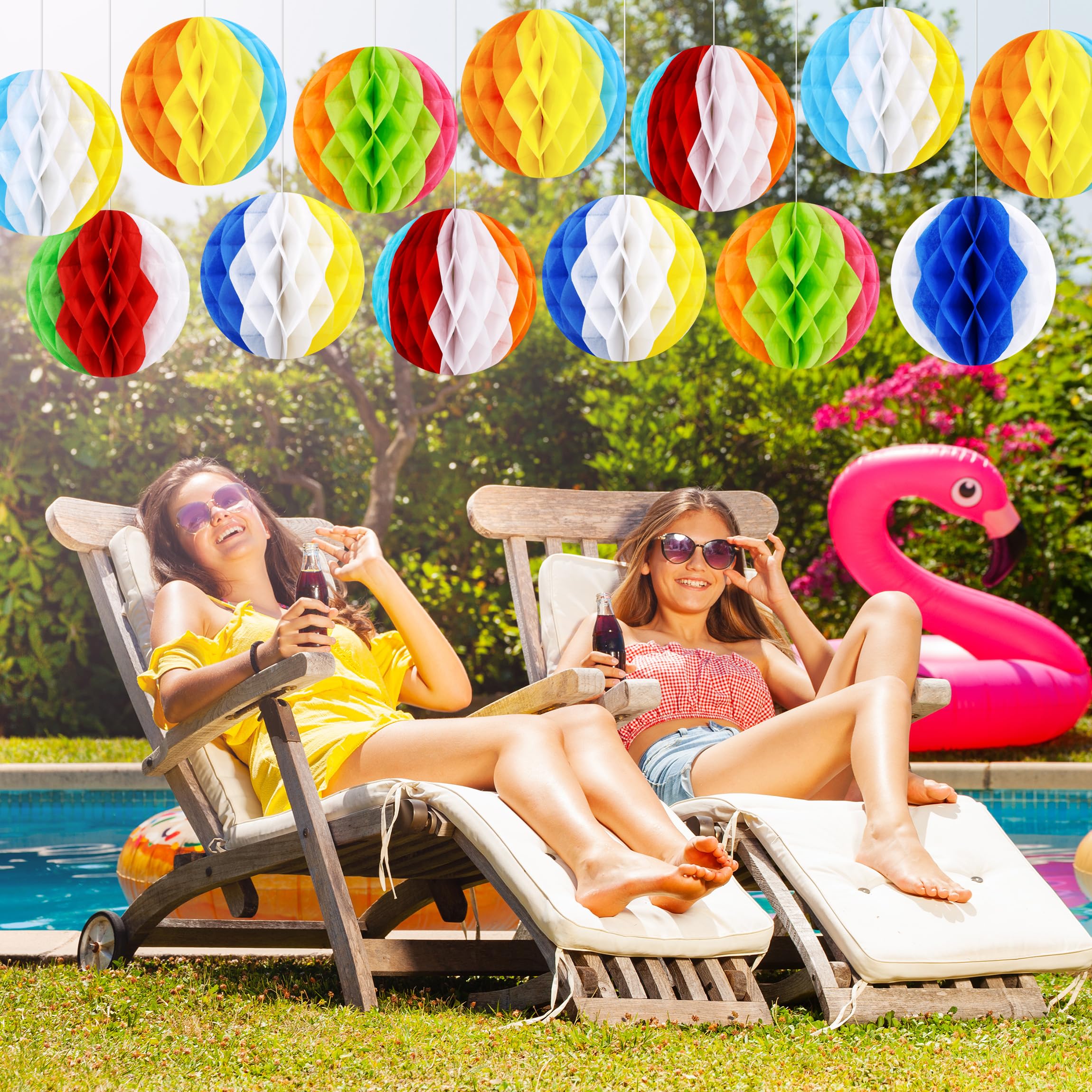 15Pcs Pool Party Decorations Beach Ball Honeycombs - Summer Luau Themed Hanging Decor For Home Birthday Outdoor Indoor