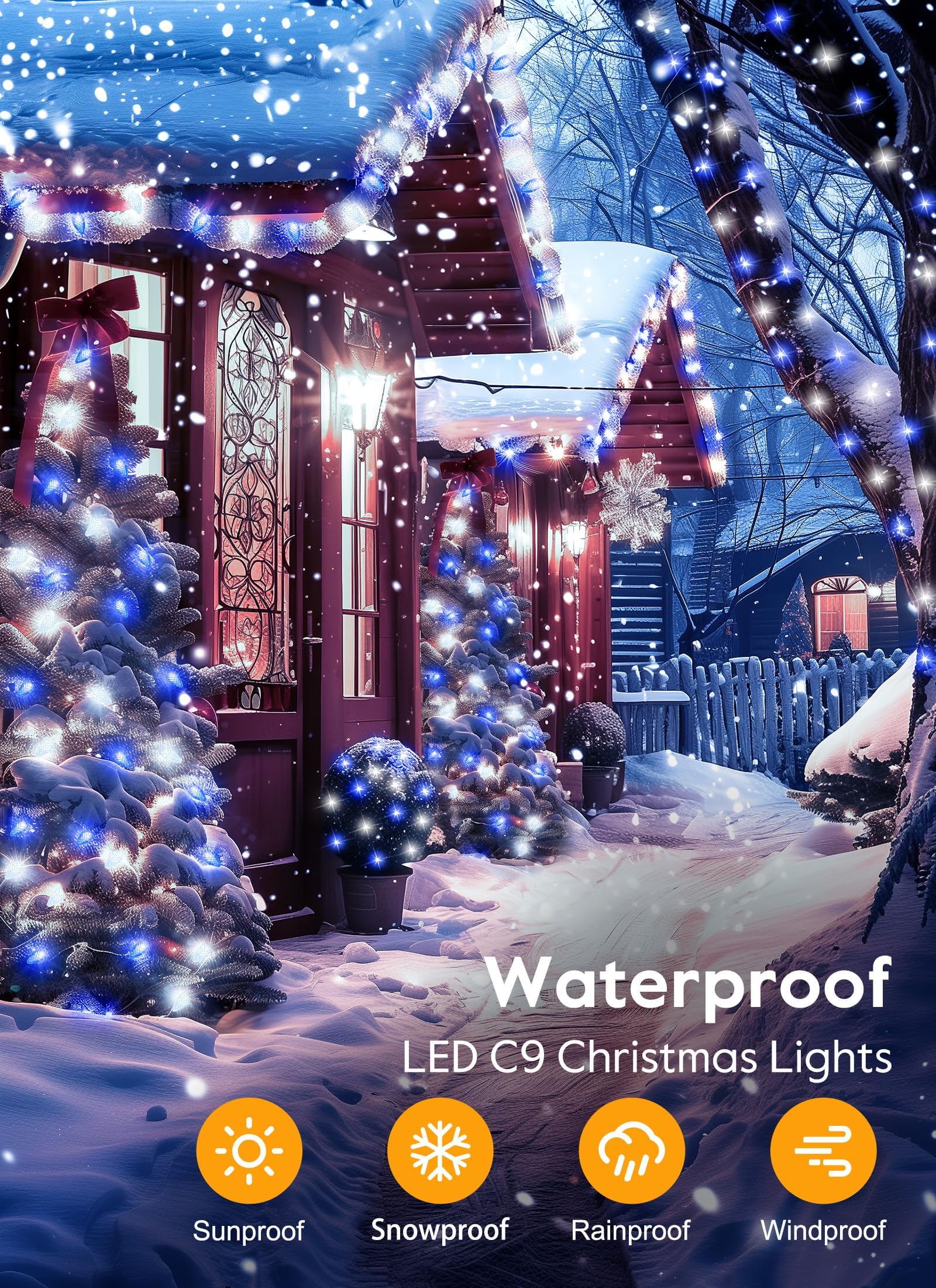 Brightown C9 Christmas Lights, 150 LED, 114 Ft, Waterproof, Timer, 8 Modes, Blue & Pure White, Model GY-C9-X-33-3B