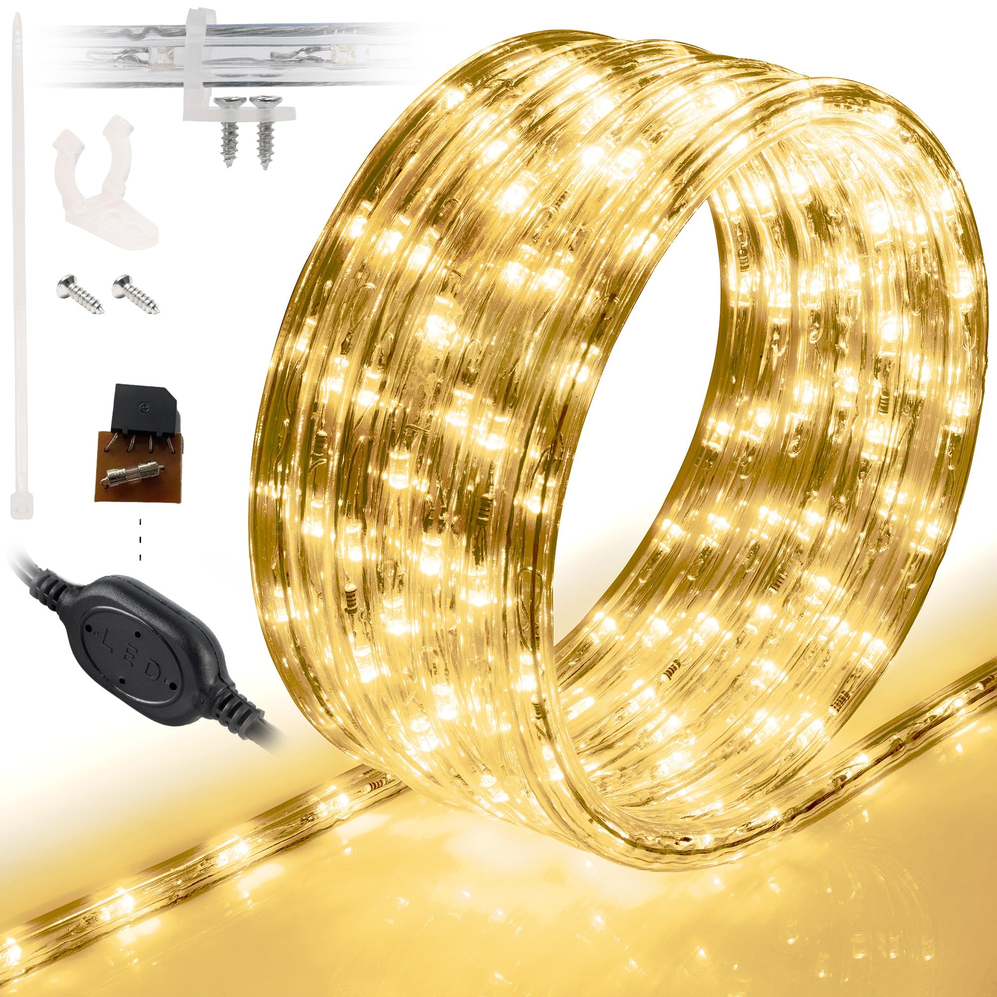 Wyzworks 20Ft 216 Led Rope Light, Connectable Waterproof Permanent Outdoor Clear Pvc Tube, Etl Certified, Christmas Trees Holiday Decorative Landscape Backyard Patio Accent Decor Lighting - Warm White