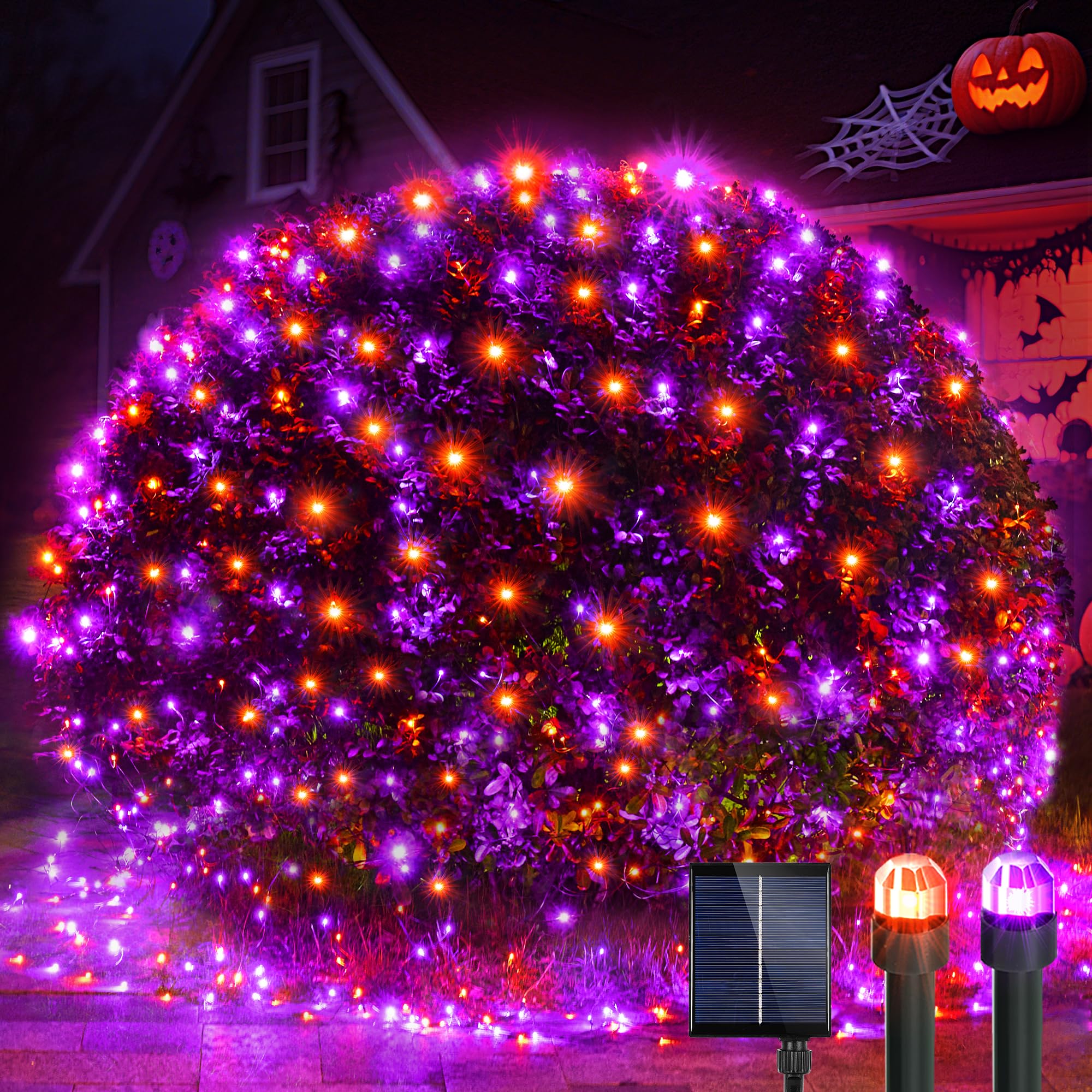 WBao Solar Halloween Lights Outdoor 200LED F8 Big Bulbs, 8.4ft x 5.2ft Orange Purple Net Lights with Remote, 8 Modes, Timer, Con