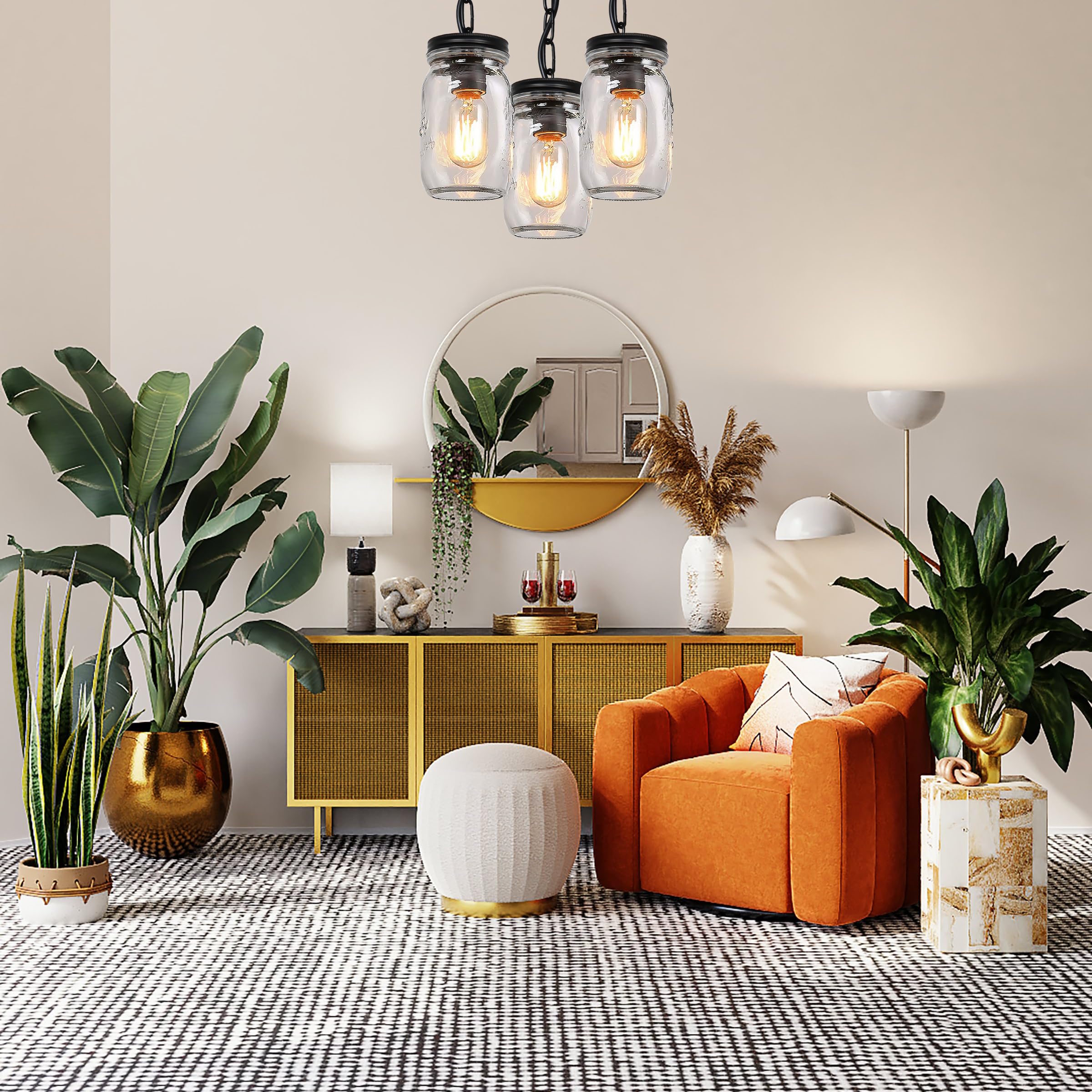 Jasopaco Glass Mason Jar Light Fixtures, 3-Lights Pendant Ceiling Lights Flush Mount - Black Country Farmhouse Lights For Kitchen Dining Room Foyer Stairway Hallway Entryway Porch