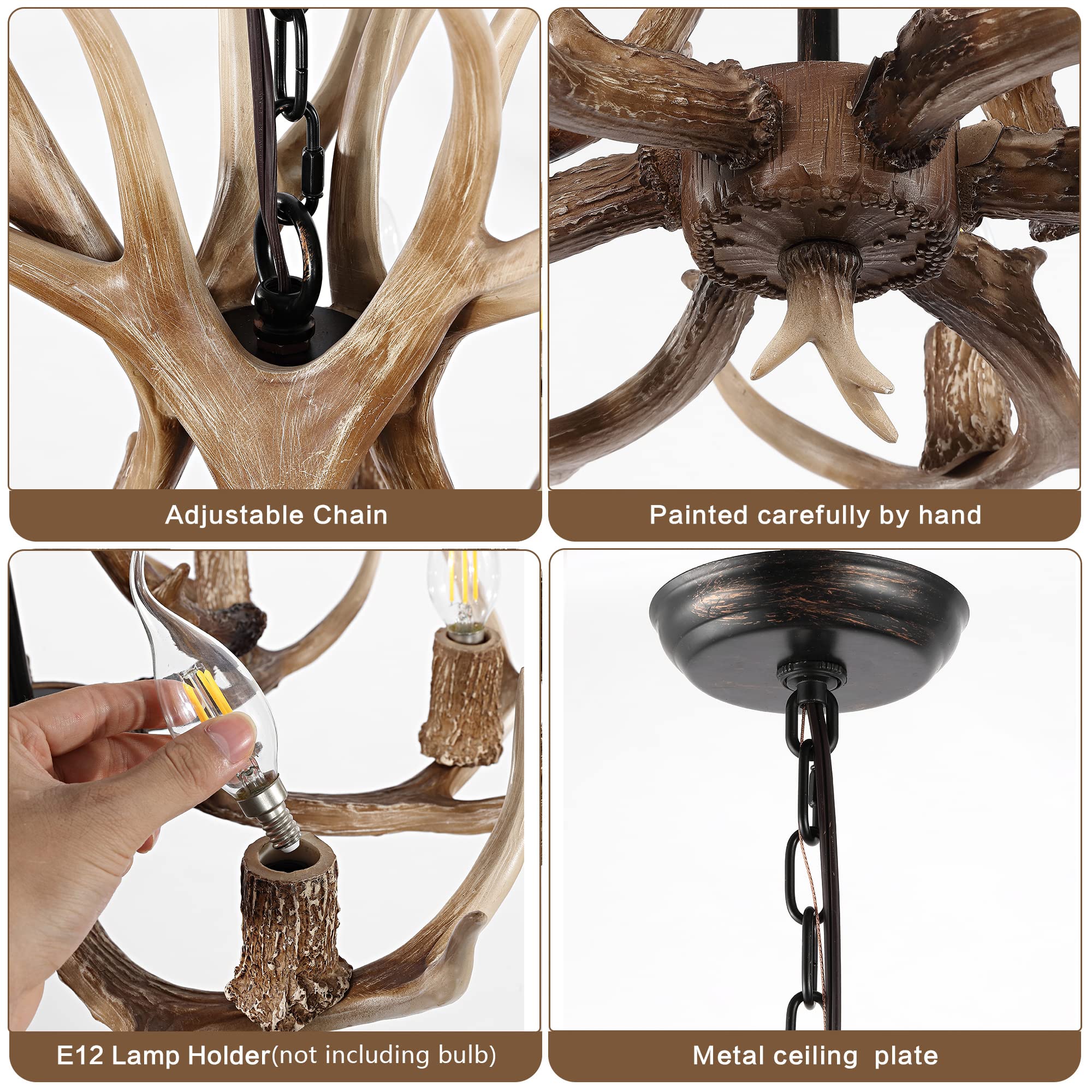 Olhapzp Antler Chandelier, Resin Faux Deer Farmhouse Light Fixtures Rustic Aantlers 6 Lights Western Decor For Living Room Kitch
