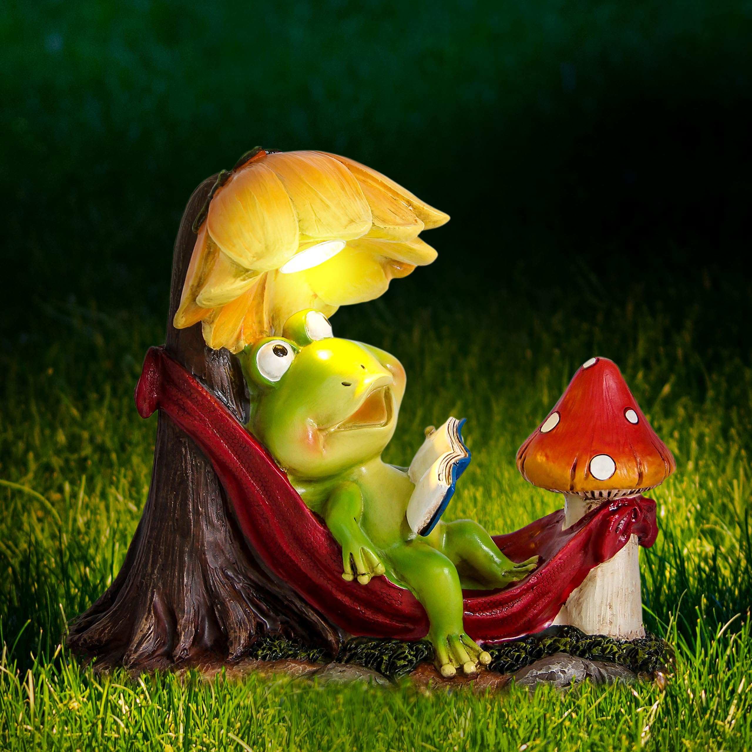 Leekung Solar Frog Garden Decor,Frog Statue With Solar Light For Outdoor Decorations,Reading Frog Figurine Garden Statues For Ou