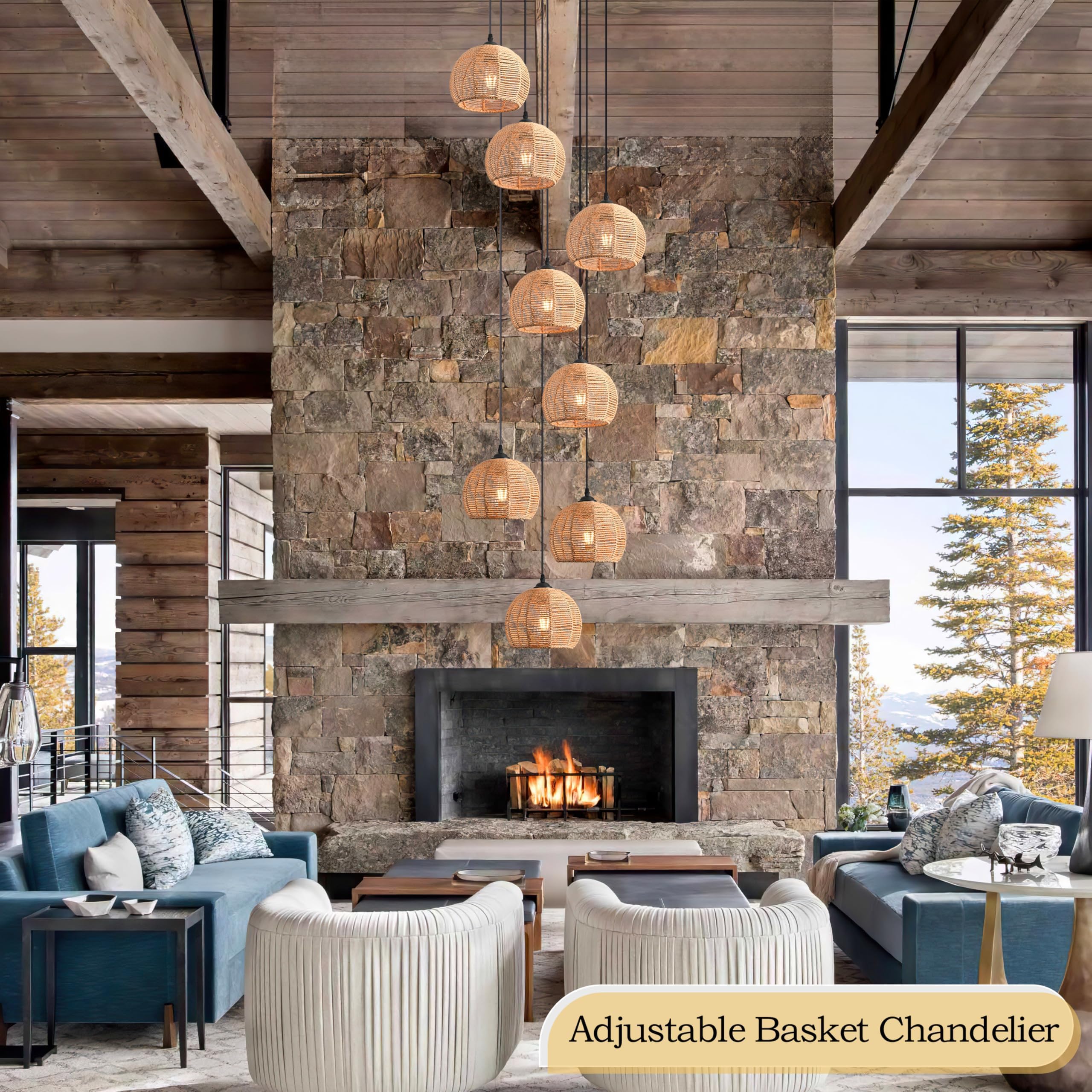 8-Light Woven Foyer Chandeliers For High Ceiling H100'',8 Dome Boho Rattan Pendant Light Farmhouse Ceiling Light,Rustic Hemp Rop