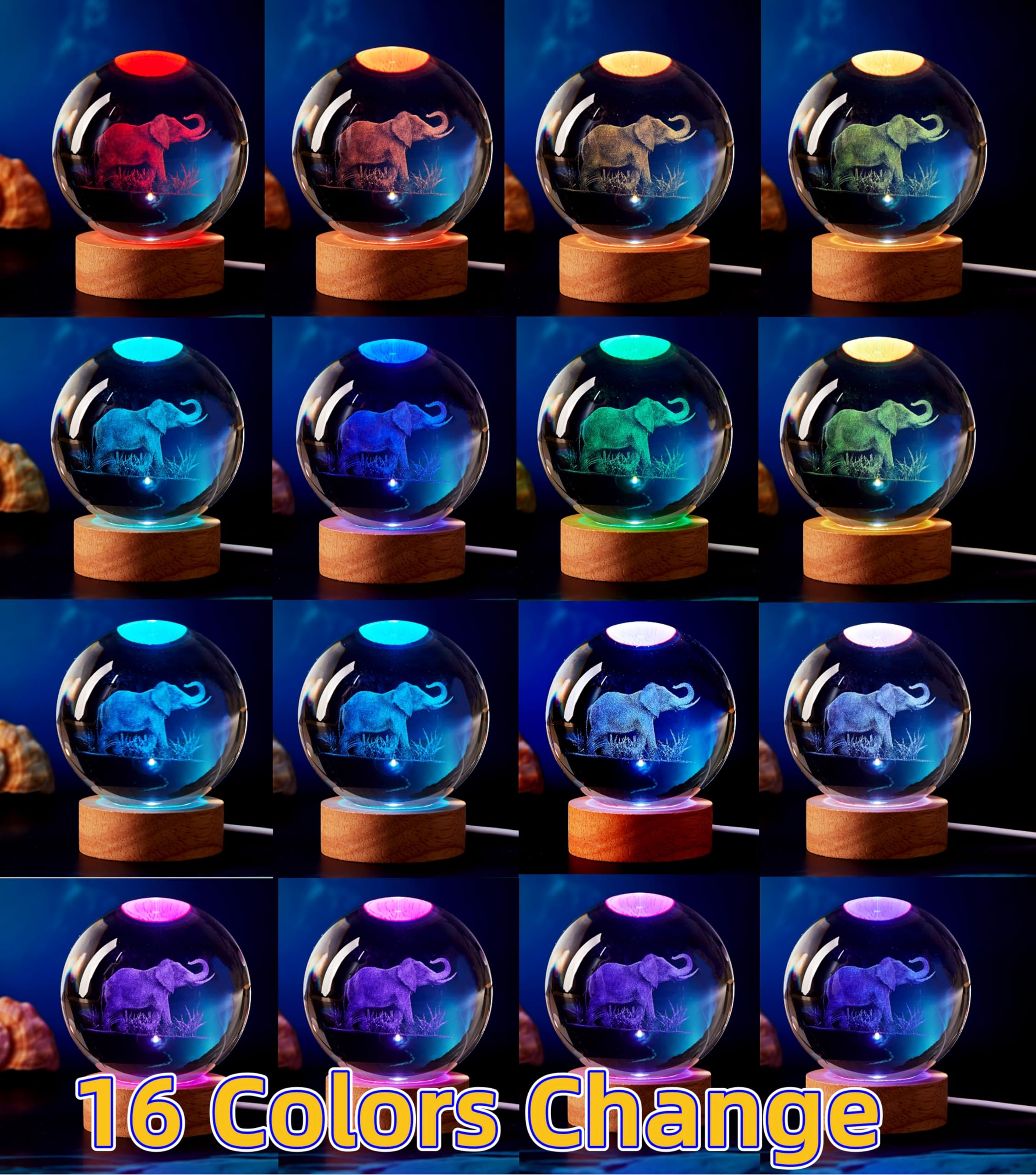 DIGFPWT Elephant Crystal Ball Night Light, 3.15 Inch LED Lamp with Wooden Base, 16 Colors, Gift Box Packaging