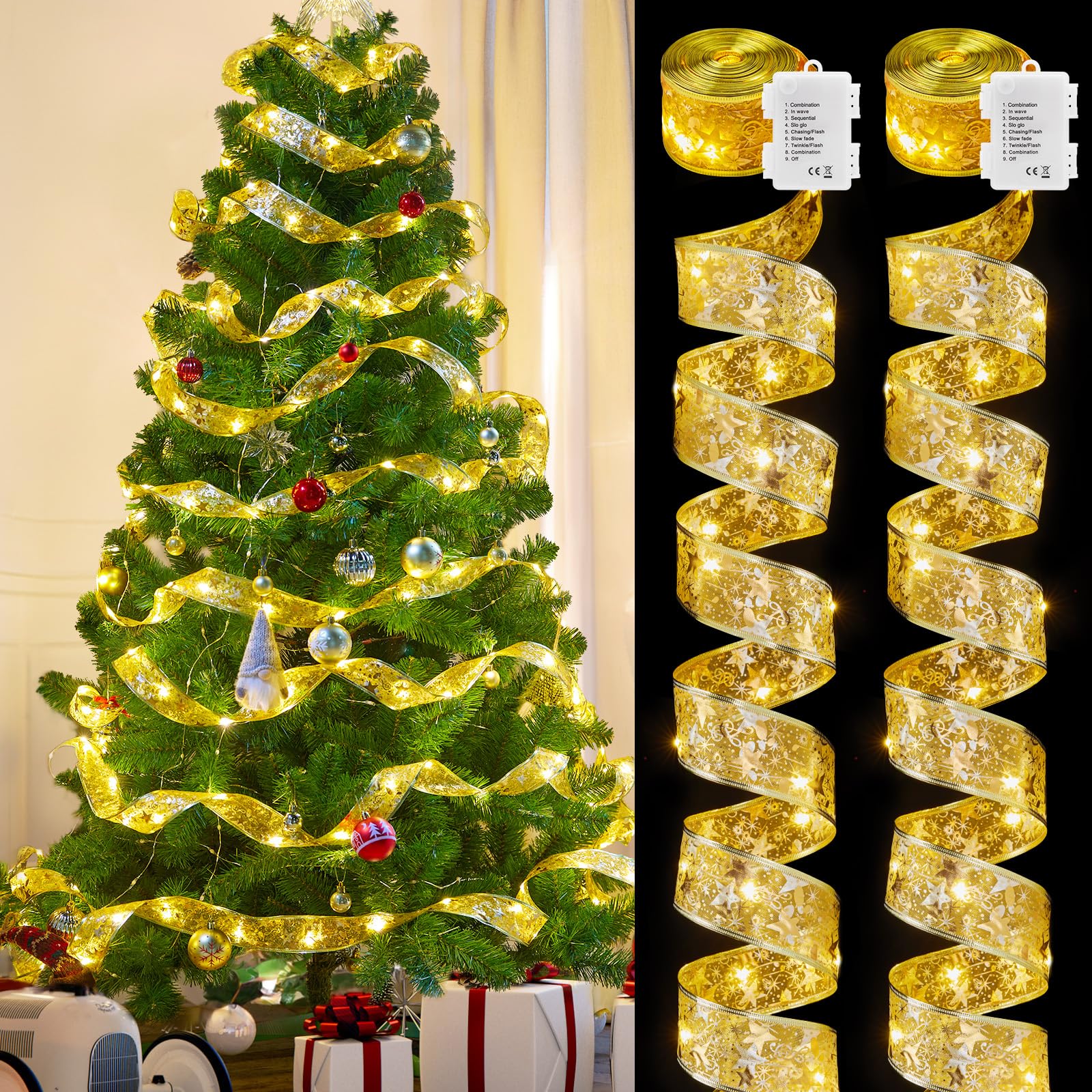 Minetom Christmas Tree Ribbon String Lights - 33ft 100 LED Battery Powered Fairy Lights with Timer