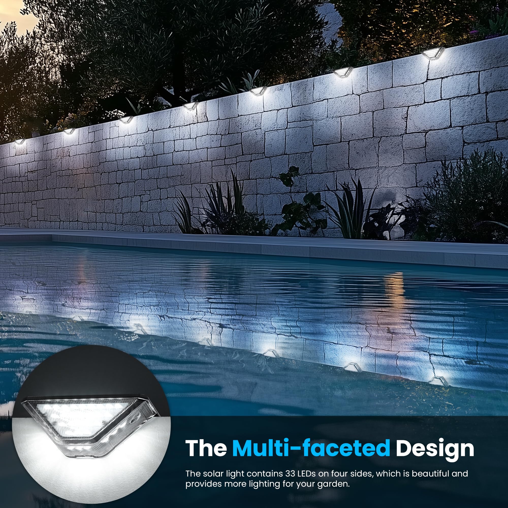 SOLPEX Solar Deck Lights Outdoor, Two-Sided Fence Lights with 33 LEDs, Waterproof IP65, 10 Pack, Cold White