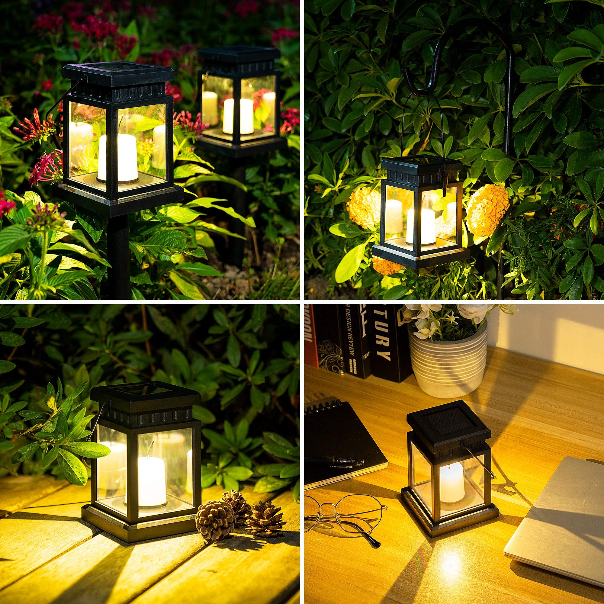 SOLPEX Solar Lanterns Outdoor - 8 Pack LED Hanging Lights, Waterproof, Candle Effect, Black, 3.5"x3.5"x16.2", Model 8374-X