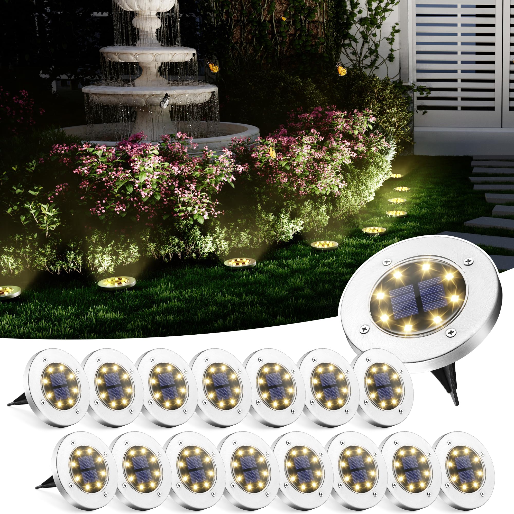 Solpex Solar Ground Lights, 16 Pack Solar Lights Outdoor Waterproof, 8 Led Solar Powered Landscape Lighting For Garden Yard Pati