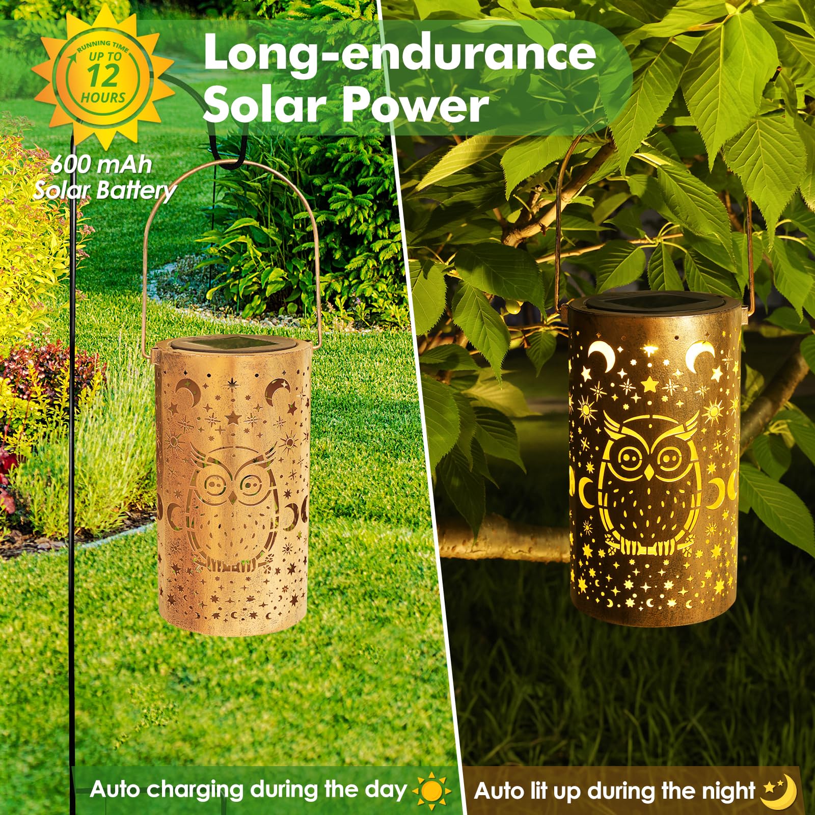 Fabuday Owl Solar Lantern - Waterproof Hanging LED Light for Outdoor Garden Decor, Bronze, Model 218