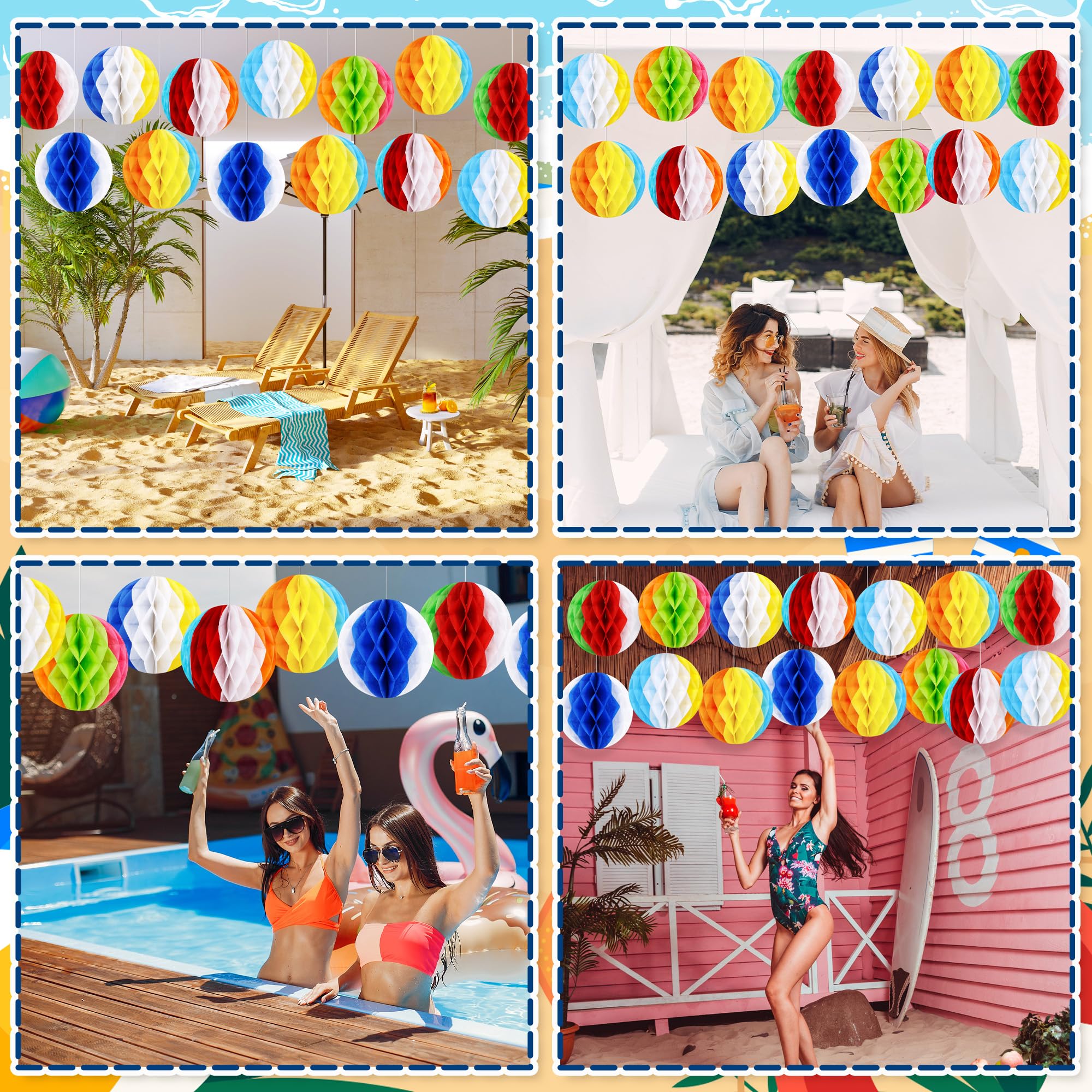 15Pcs Pool Party Decorations Beach Ball Honeycombs - Summer Luau Themed Hanging Decor For Home Birthday Outdoor Indoor