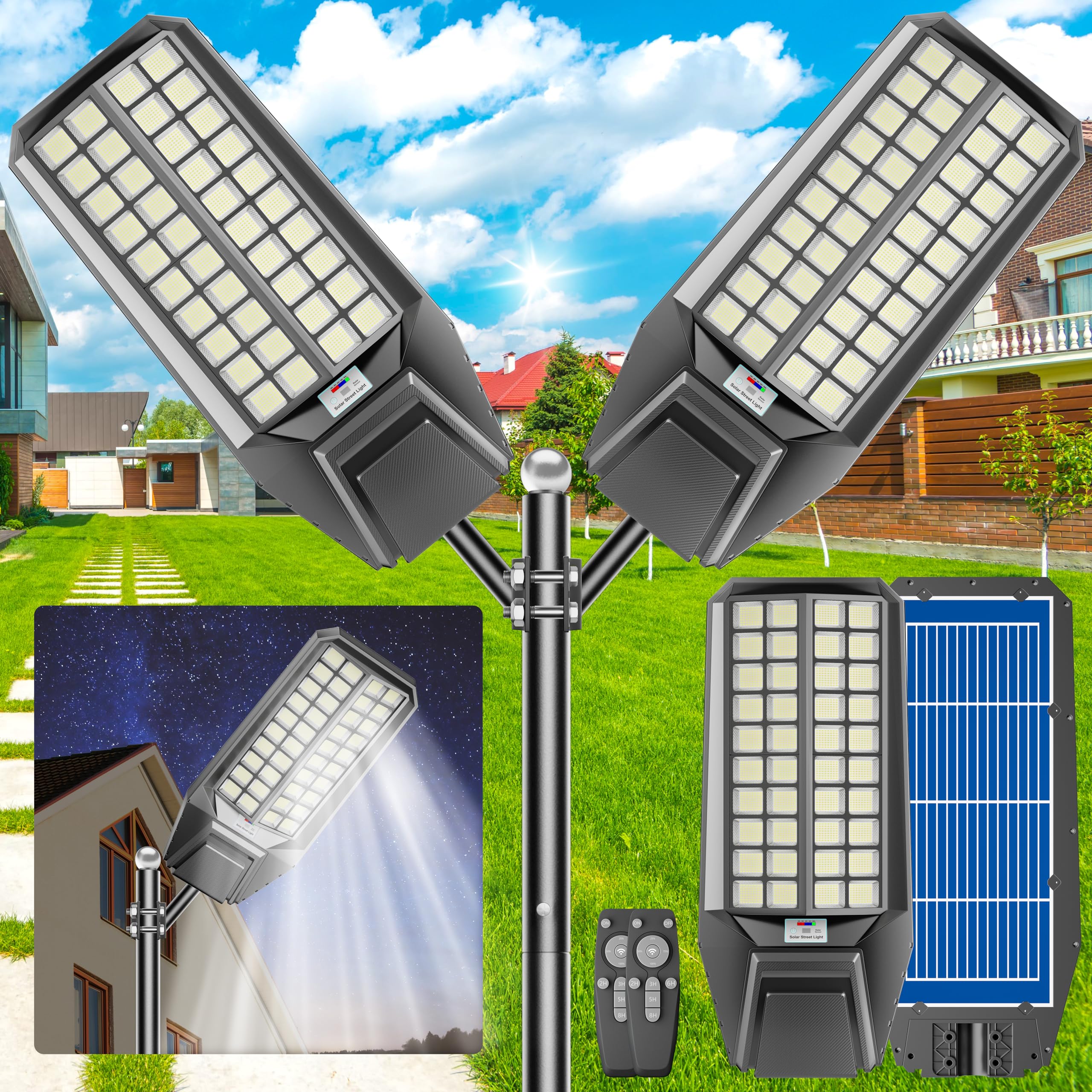 Jadisi 2-Pack 8000W Solar Street Light - 600000 Lumens, Dusk-To-Dawn, Waterproof, Ideal For Commercial & Outdoor Parking Lots - Energy-Efficient Solar-Powered, 3-Year Warranty