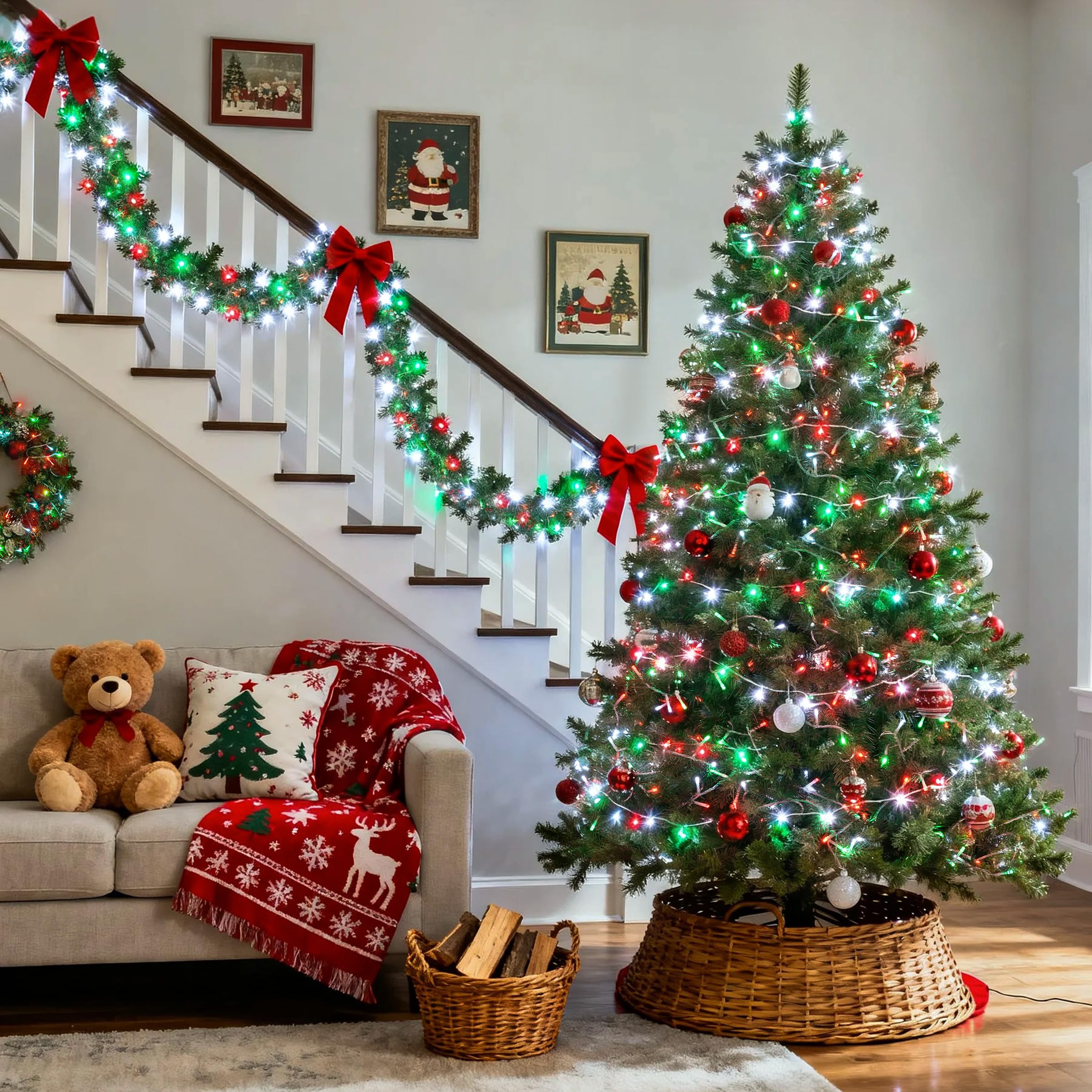 Jmexsuss 200 Led Red White And Green Christmas Lights Outdoor  66Ft String Lights Indoor Clear Wire  Christmas Tree Lights Plug In For Bedroom Tree Christmas Party Decorations