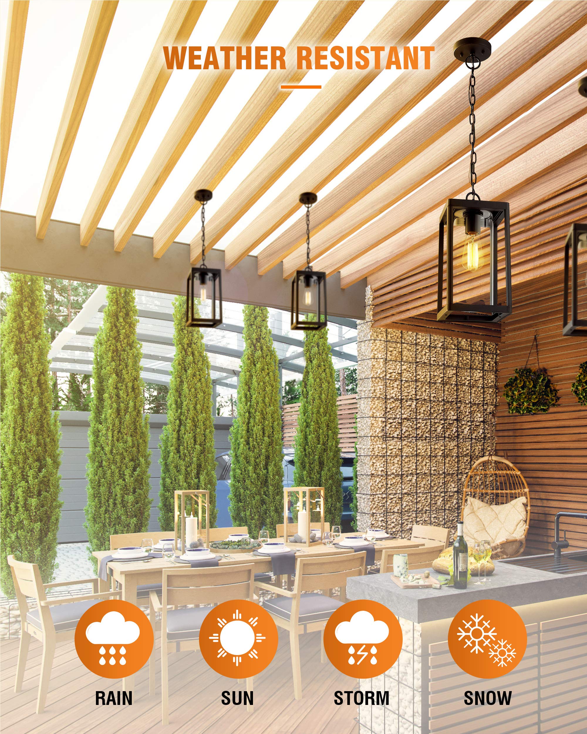 Beionxii Outdoor Pendant Light, Modern Black Aluminum Lantern, Clear Glass, Large, Model BXA291H-1PK
