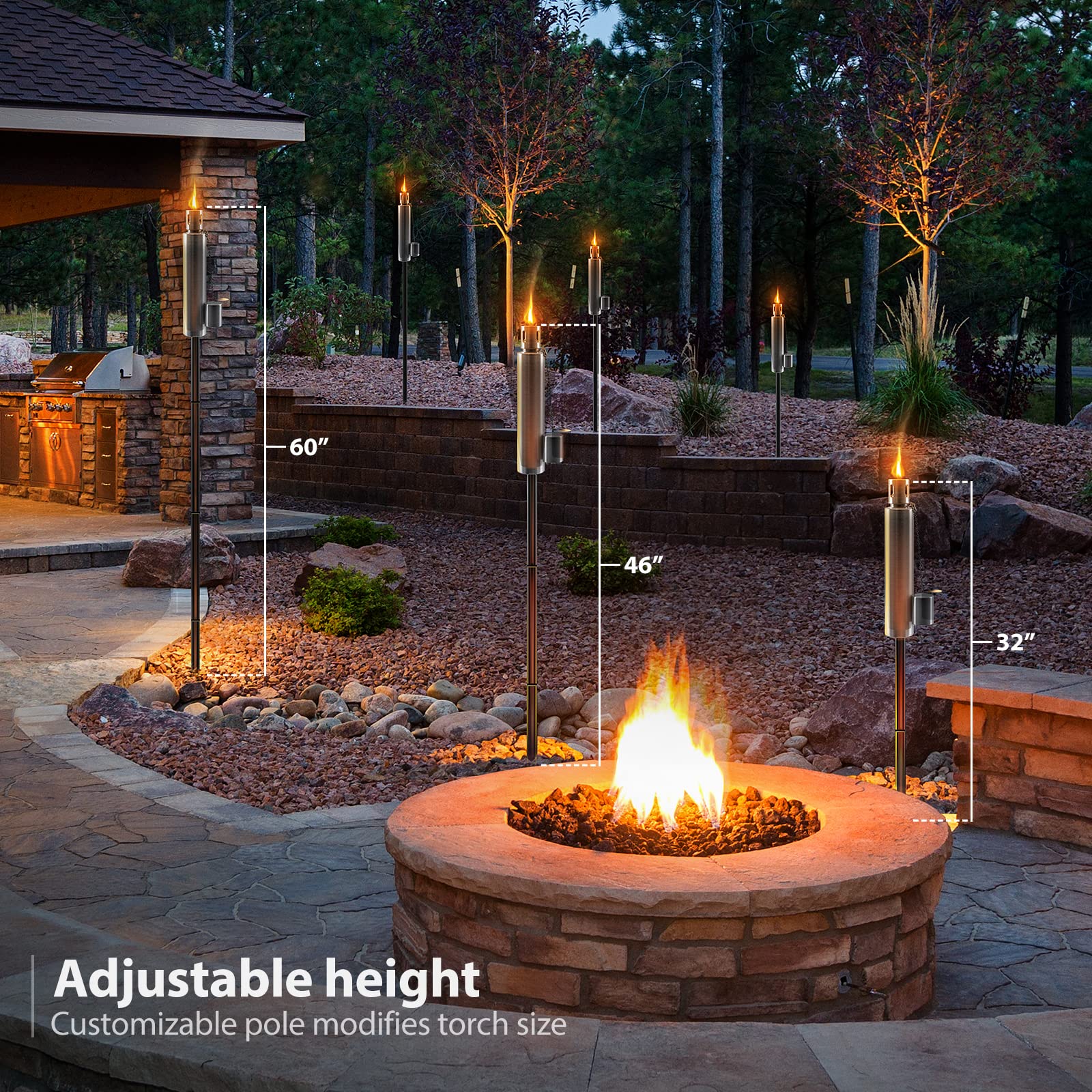 Matney Stainless Steel Outdoor Torches - Set of 2, 5 ft Oil Lamp with Fiberglass Wick & Snuffer Cap, Decorative Garden Lights