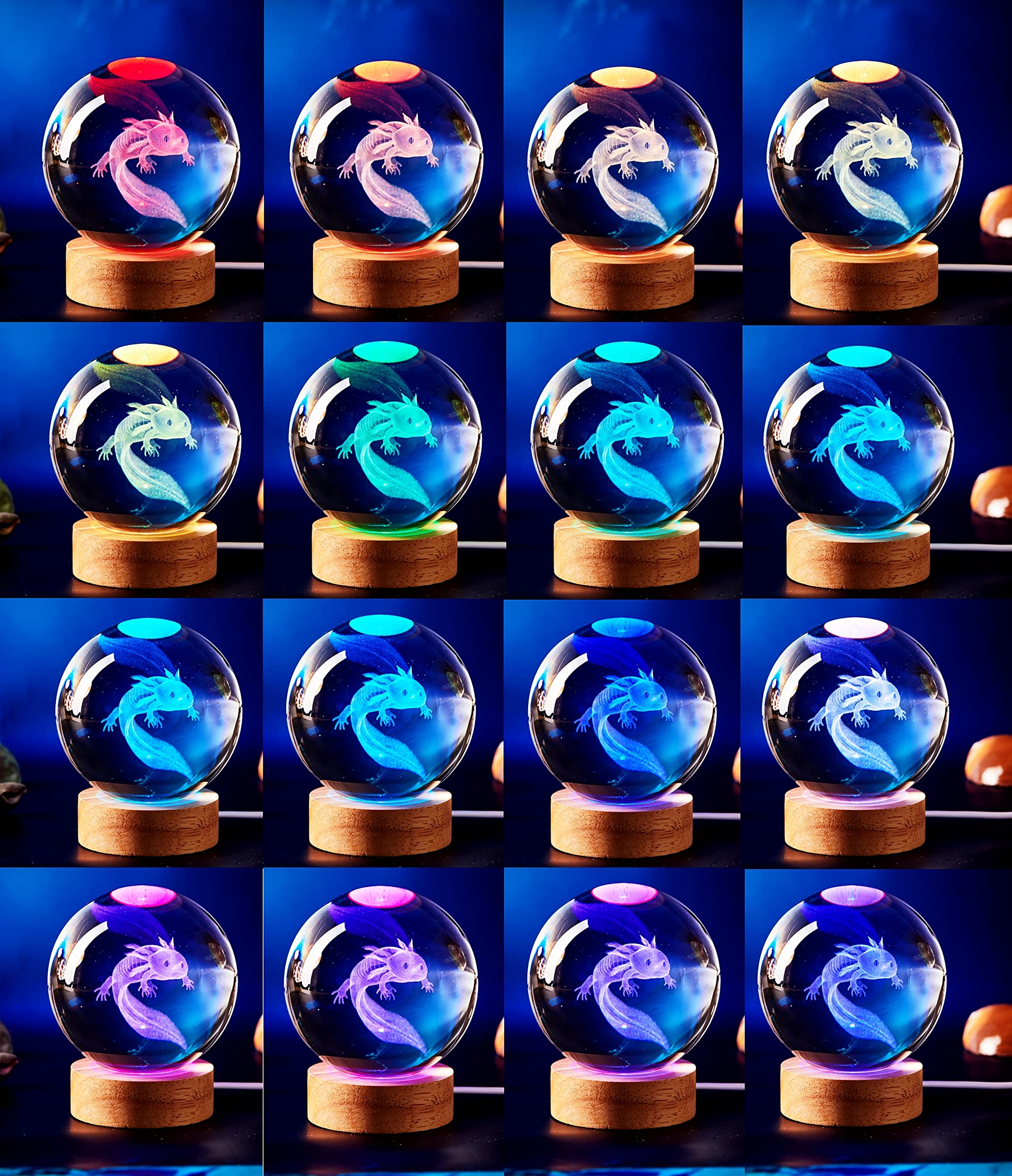 Axolotl Lamp,3.15 Inch Axolotl Crystal Ball Lamp,Upgraded 3D K9 Axolotl Crystal Ball Night Light With Wooden Base,16 Colors Chan