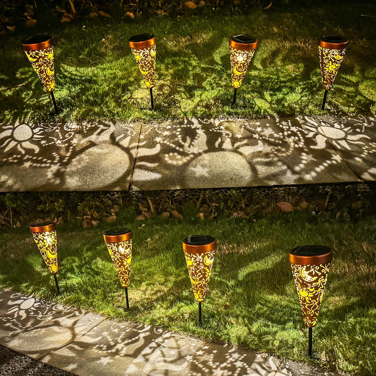 Dibieecn 4 Pack Sun And Moon Solar Garden Pathway Lights Outdoor,Metal Garden Decorations Outdoor Lights With Patterns And Warm