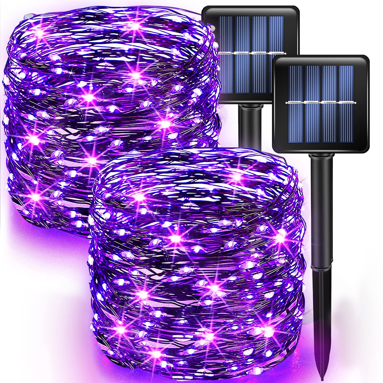 Dazzle Bright Fairy String Lights, 39.4FT, 120 LED, Solar Powered, Waterproof, Purple, Copper Wire, 8 Modes, Outdoor Christmas Decor