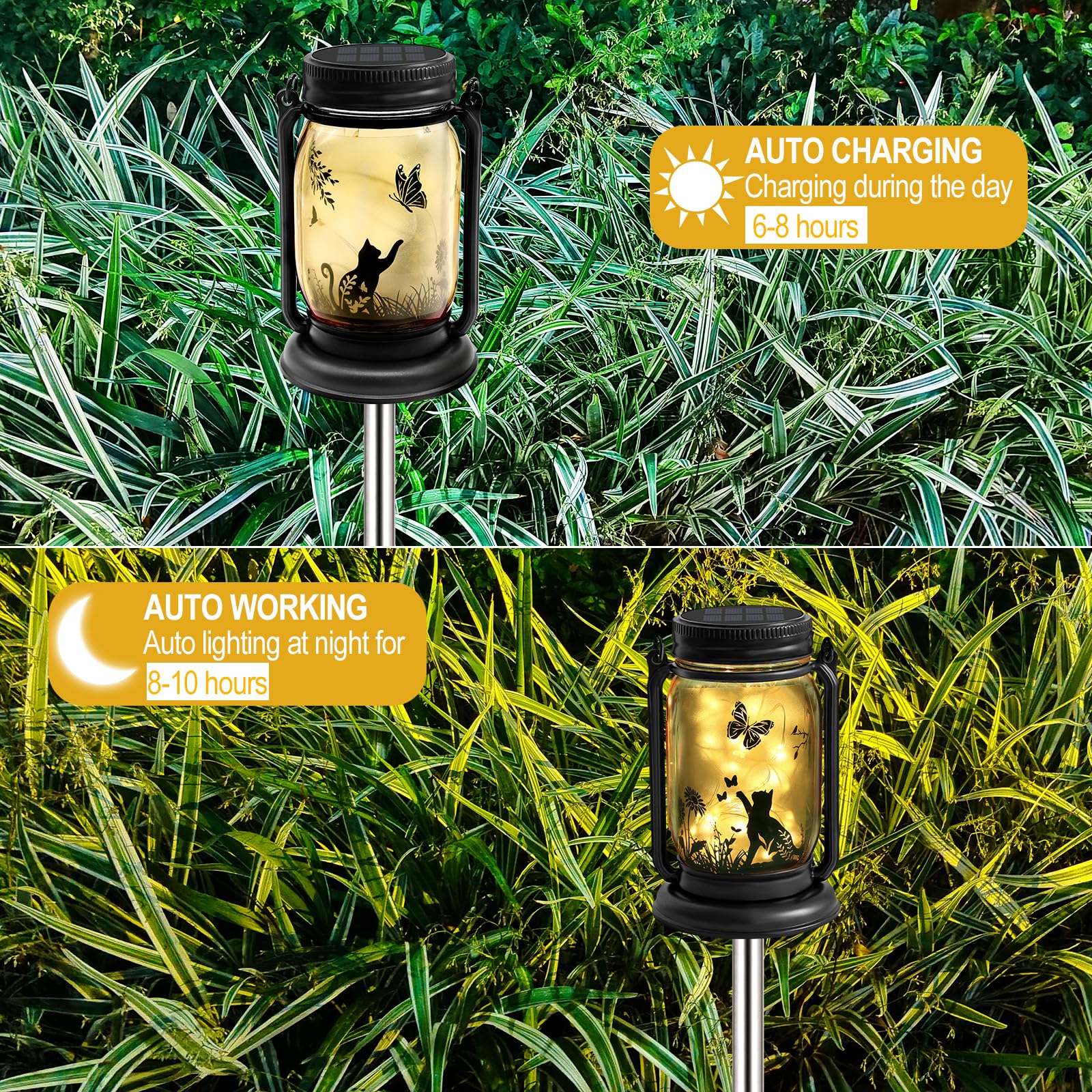 YJFWAL 4 Pack Solar Lanterns, Vintage Glass Mason Jar, Warm White, Dog & Cat Butterfly Theme, Waterproof Garden Lights