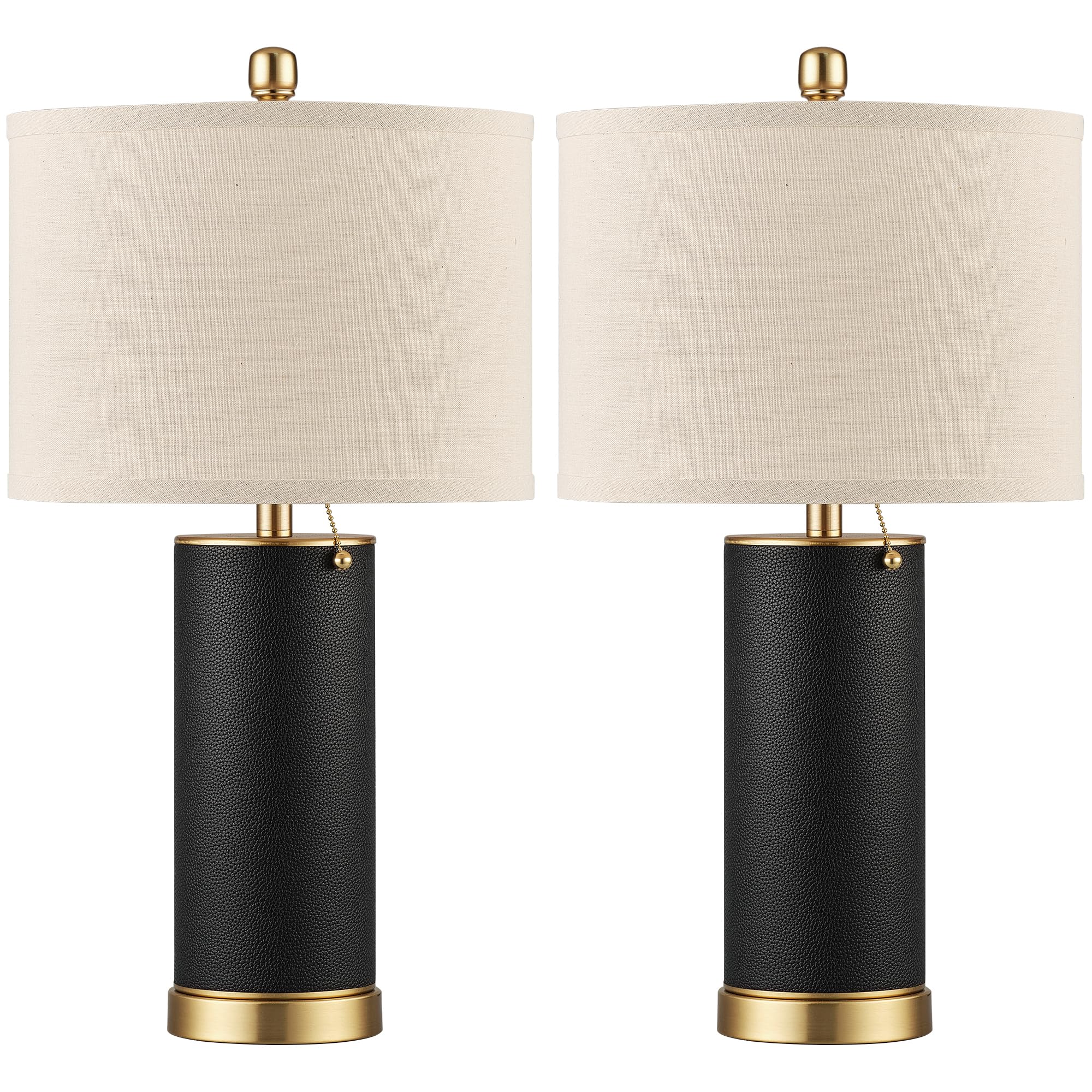 KDG Black PU Leather Table Lamps Set of 2, 3 Level Brightness, H23.4 × f12.6 inches, Beige Lampshade, Model AMZ-TBL-085