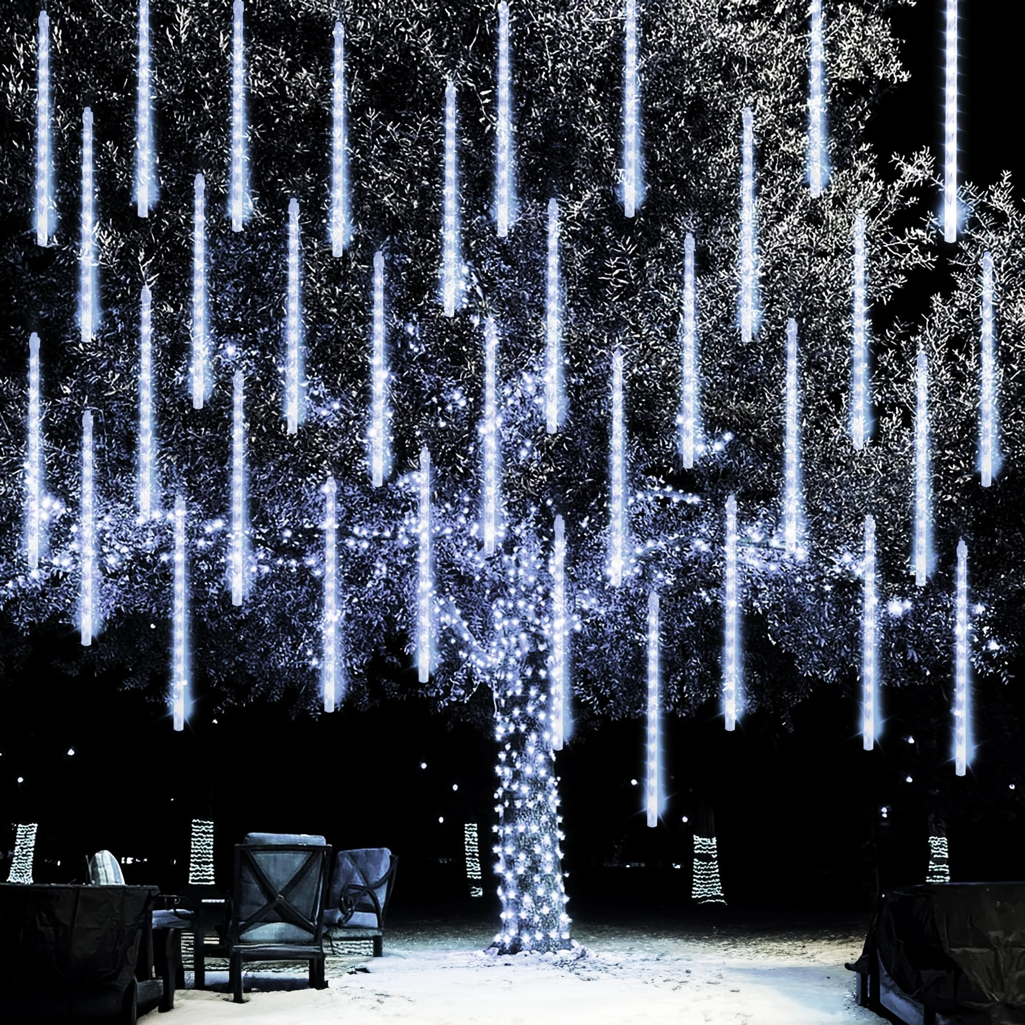 Dazzle Bright Christmas Lights Outdoor, 288LED Meteor Shower Rain Lights 12 Inch 8 Tubes, Waterproof Plug in Falling Icicle Lights Christmas Decorations for Xmas Tree Yard House Decor (White)