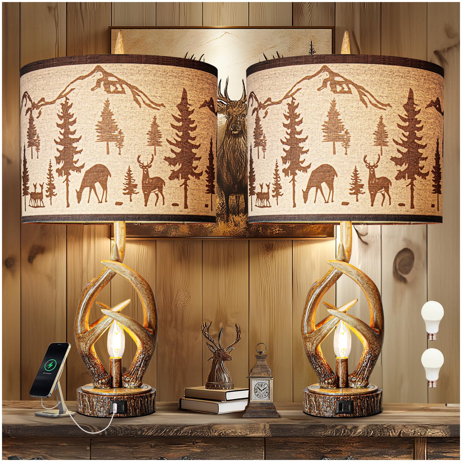 Scenekoy Antlers Style Table Lamp Set Of 2 Rustic Bedside Lamp With Night Light Linen Fabric Shade Farmhouse Nightstand Lamps Decor For Living Room Bedroom House Home Office (Bulb Included)