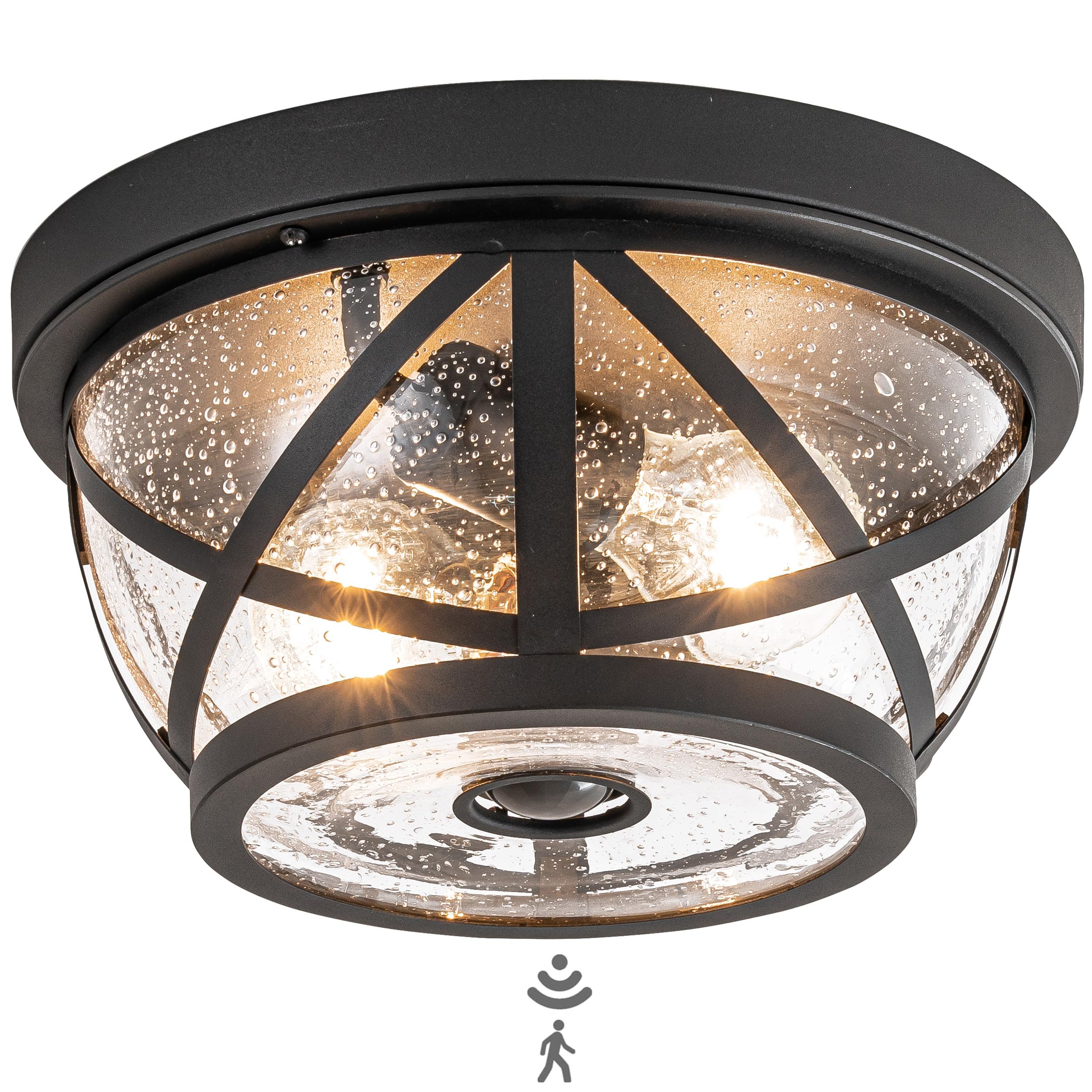 Laplusbelle Motion Sensor Ceiling Light Fixture Outdoor Flush Mount Manual Dusk To Dawn Matte Black Waterproof Indoor Ceiling Light Fixture With Seeded Glass For Front Porch Garage Entrance