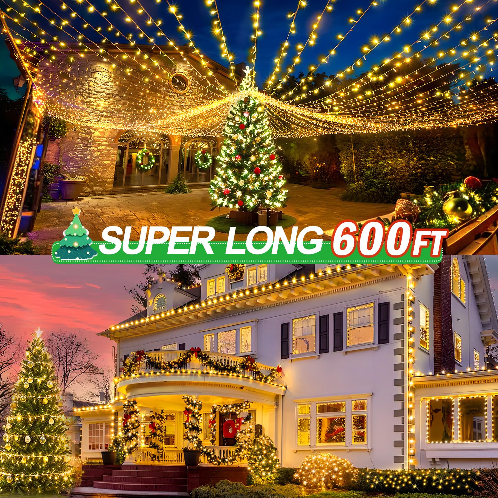 KNONEW 600ft 1500 LED Christmas String Lights, Warm White, Waterproof, 8 Modes & Timer, Fairy Light for Outdoor Decor