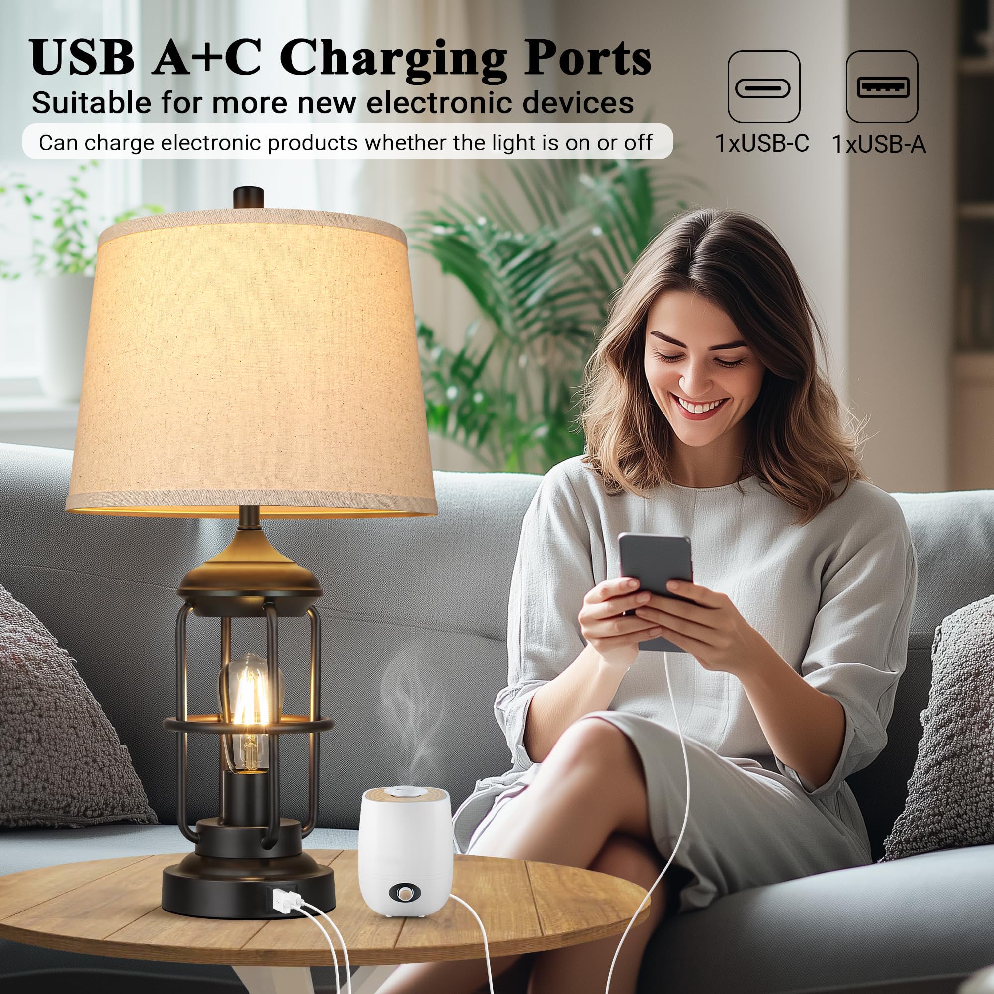 Qimh Table Lamp For Bedroom Set Of 2 With Usb A+C Ports, Farmhouse Bedside Lamp With Night Light, 3-Way Dimmable Touch Control,