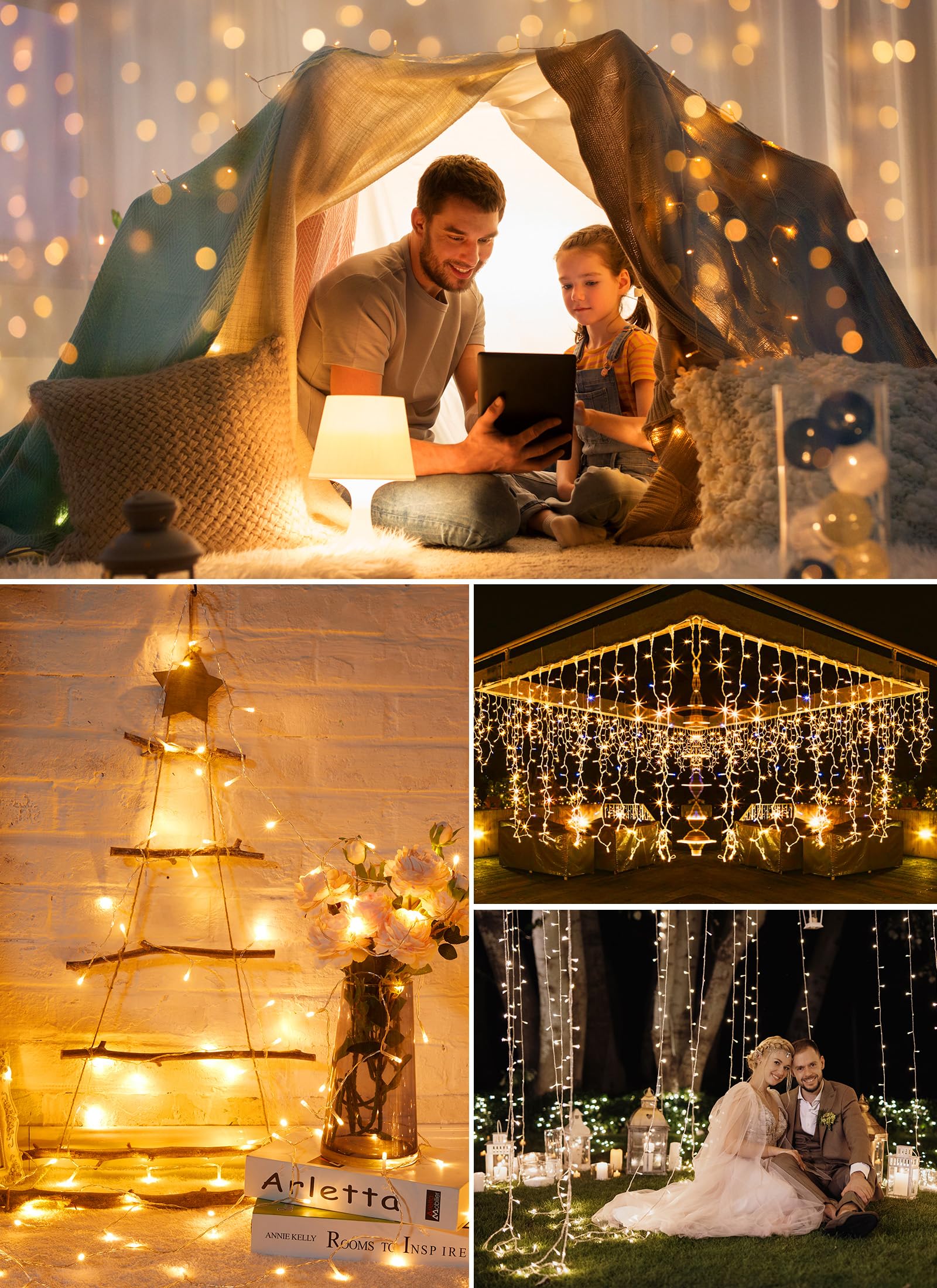 Minetom Battery Operated String Lights, 2 Pack 66FT, 200 LED, Waterproof, Warm White, Model 3AA-LUO