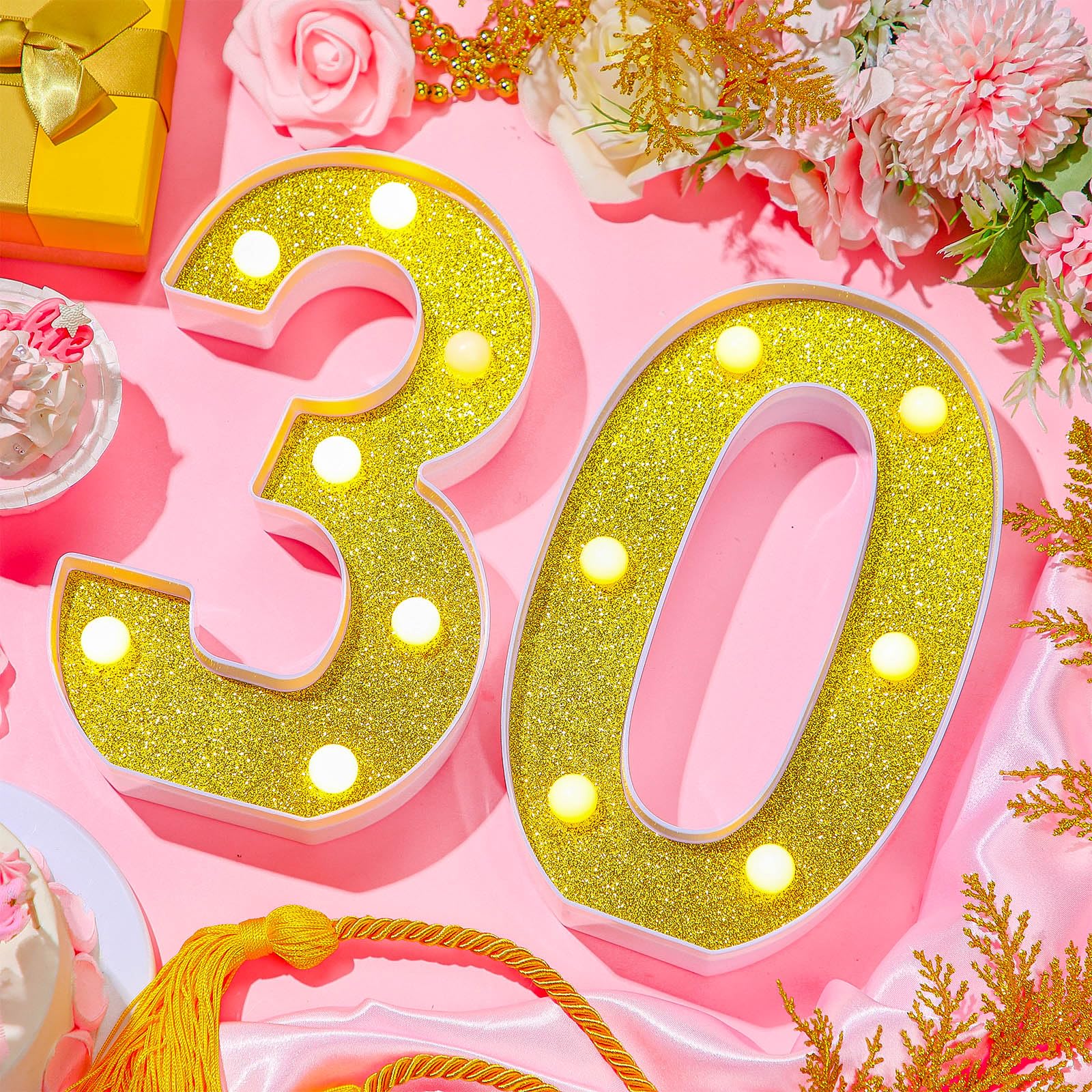 Treela LED Decorative Birthday Number Sign, Glitter Marquee 30th, Gold, PP Material for Party Decorations and Centerpieces