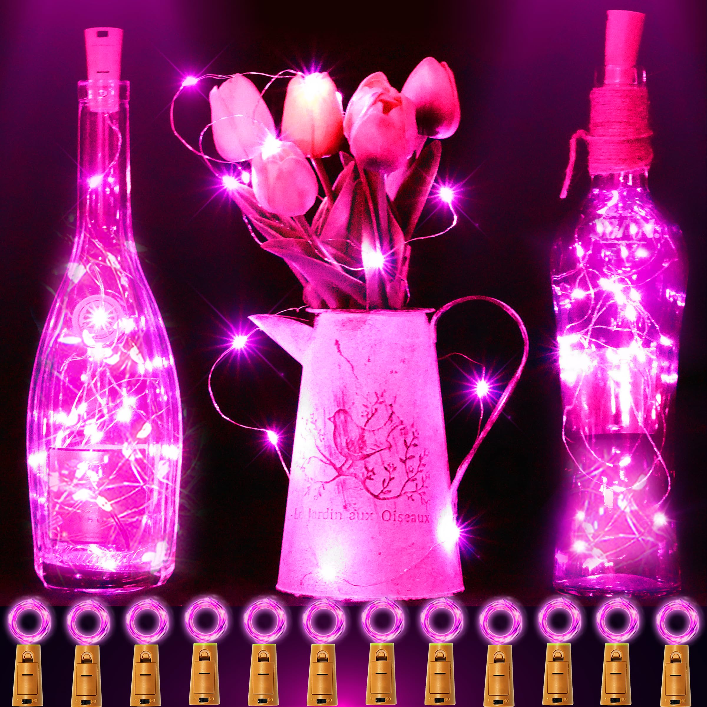 SmilingTown 12 Packs 20 LED Beverage Bottle Lights with Cork - Pink Fairy String Lights Battery Operated Cork Lights for Beverage Beverage Bottle Jar Vase Christmas Birthday Wedding Halloween Party Table Decor